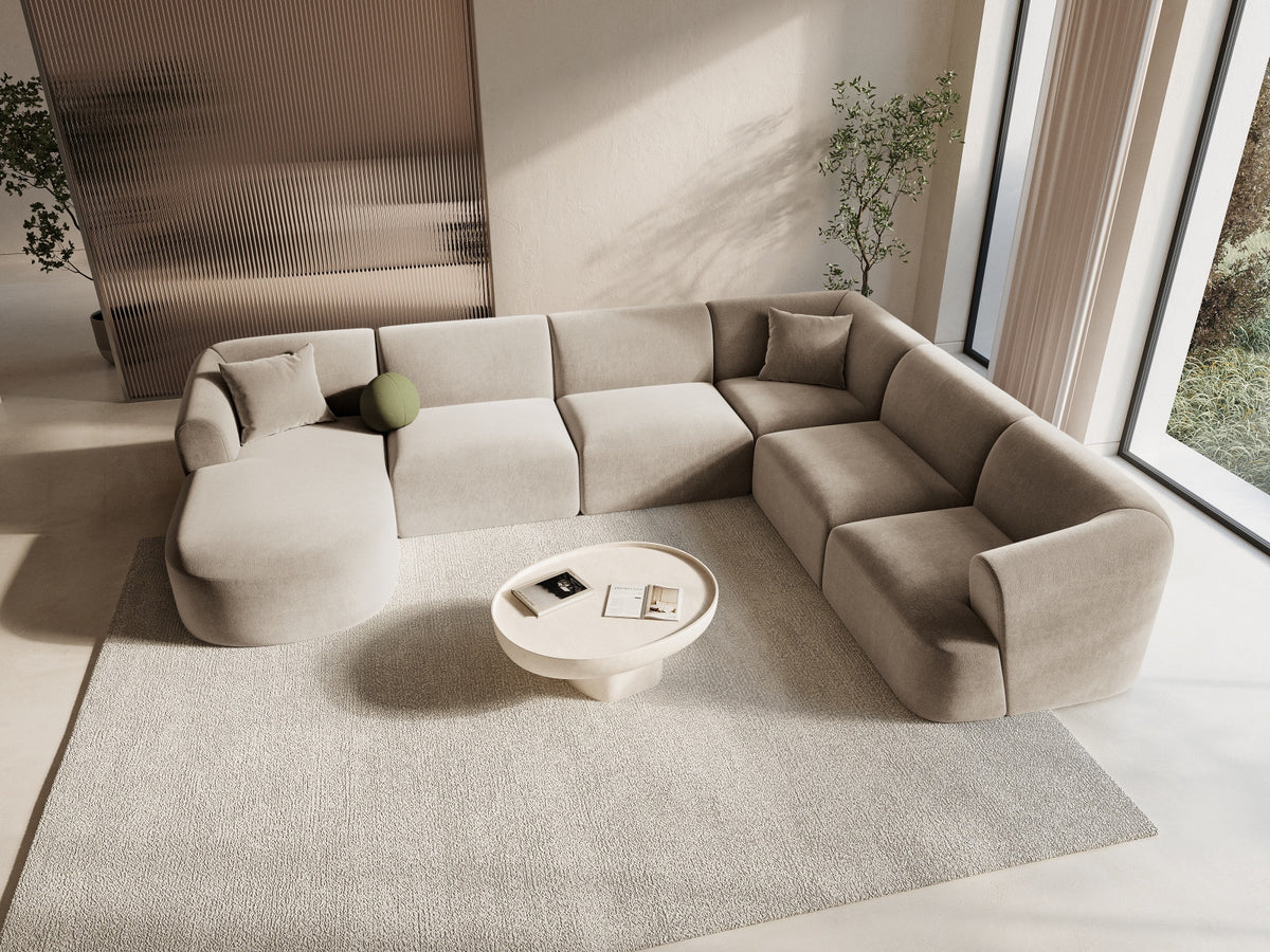 Modulares Ecksofa Campi mit Récamière rechts, Stoffbezug und schwarzen Beinen