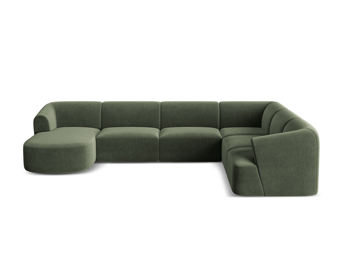 Modulares Ecksofa Campi mit Récamière rechts, Stoffbezug und schwarzen Beinen