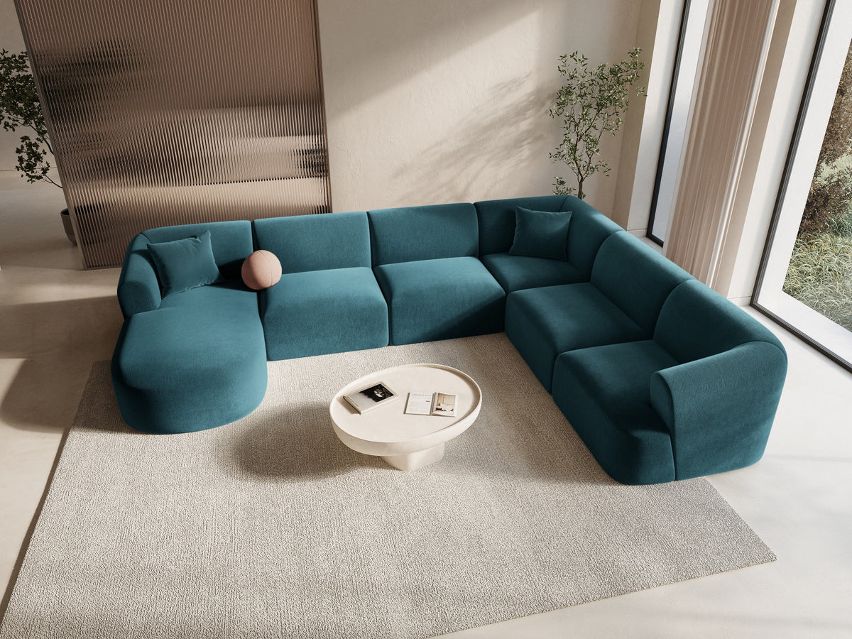 Modulares Ecksofa Campi mit Récamière rechts, Stoffbezug und schwarzen Beinen