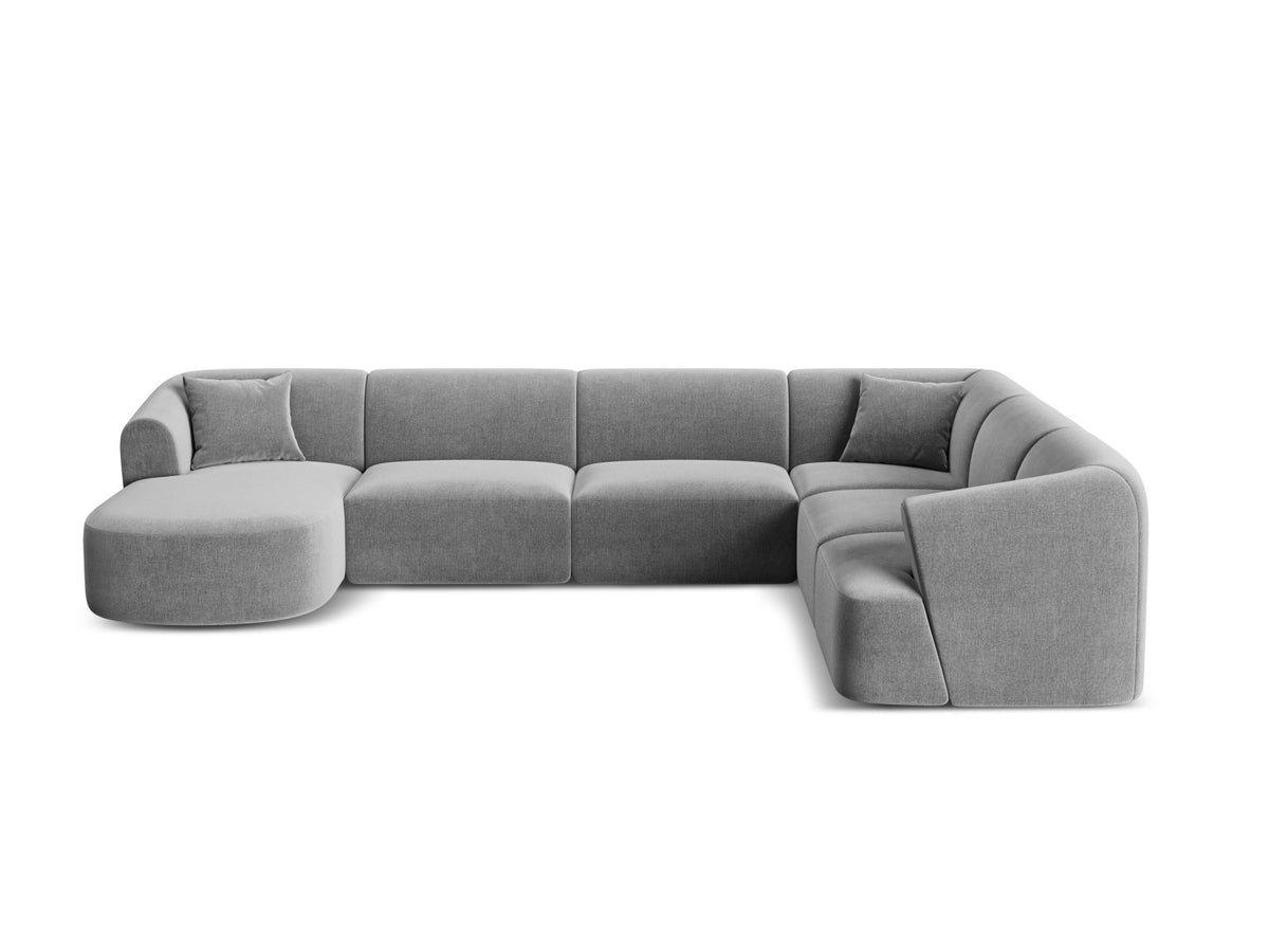 Modulares Ecksofa Campi mit Récamière rechts, Stoffbezug und schwarzen Beinen