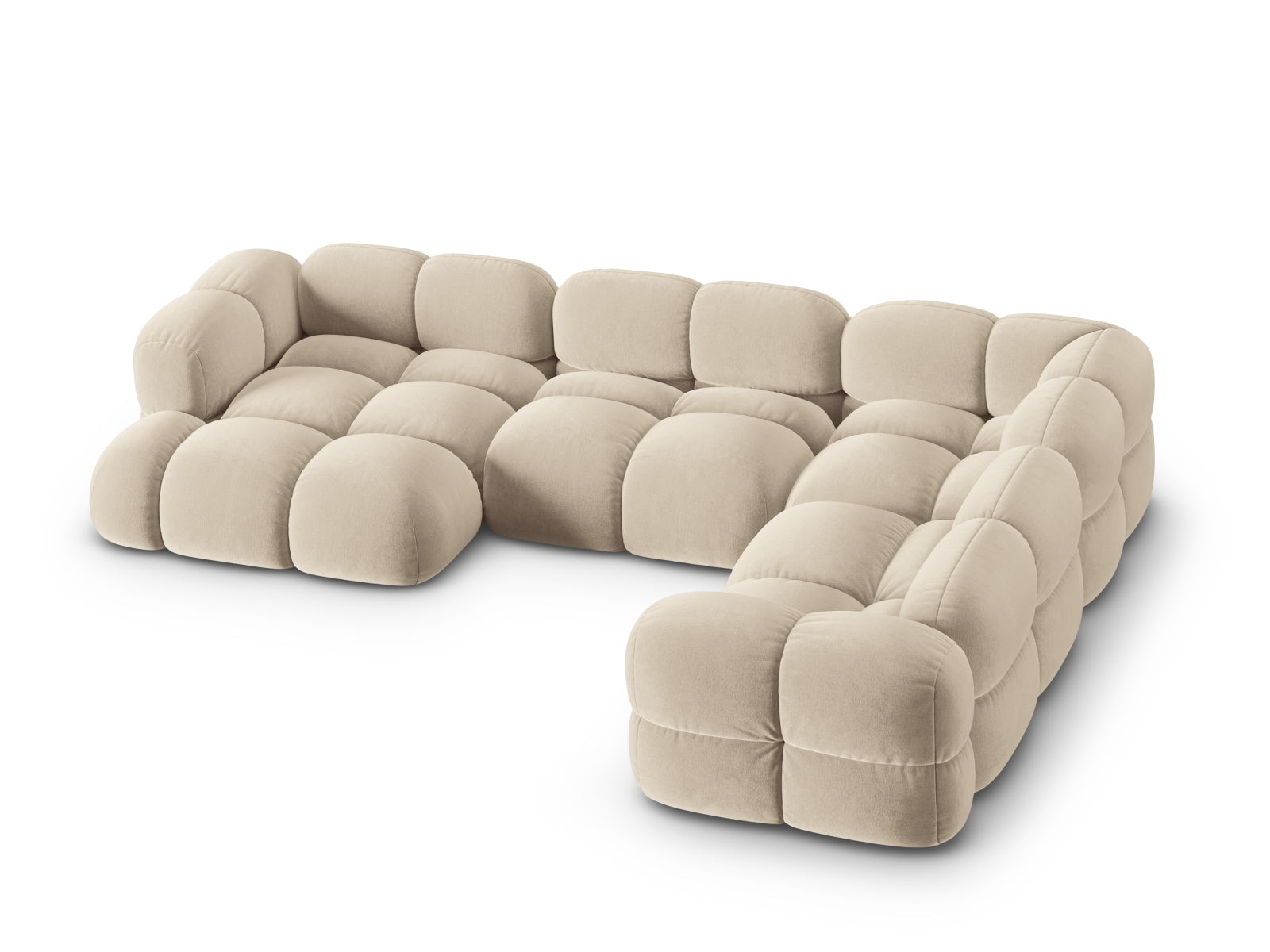 Modernes Loretto Velour Panoramic Ecksofa in hellem Beige, 5-Sitzer, perfekt für gemütliche Ecken und stilvolle Einrichtungsideen.