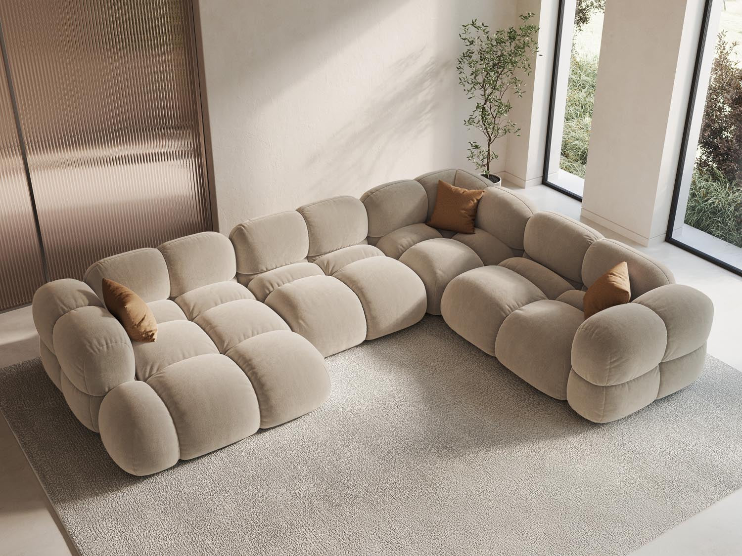 Entdecken Sie das stilvolle Loretto Velour Panoramic Ecksofa rechts, 5-Sitzer, 250 cm – der perfekte Luxus für Ihr Wohnzimmer von Cosmopolitan Design.