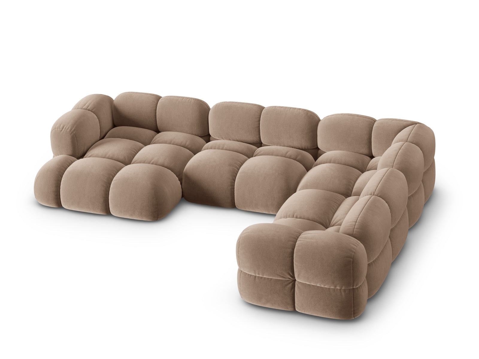 Modernes Loretto Velour Panoramic Ecksofa in edlem Dunkelbeige, perfekt für gemütliche Ecken und stilvolle Einrichtungsideen.