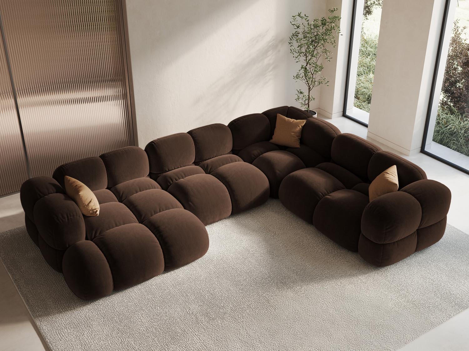 Entdecken Sie das stilvolle Loretto Velour Panoramic Ecksofa rechts 5 Sitzer 250cm von Cosmopolitan Design – der perfekte Luxus für Ihr Wohnzimmer!