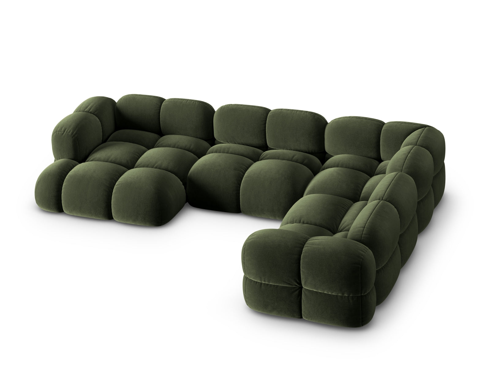 Modernes Loretto Velour Panoramic Ecksofa in stilvollem Grün, 5-Sitzer, 250 cm, perfekt für gemütliche und elegante Wohnräume.