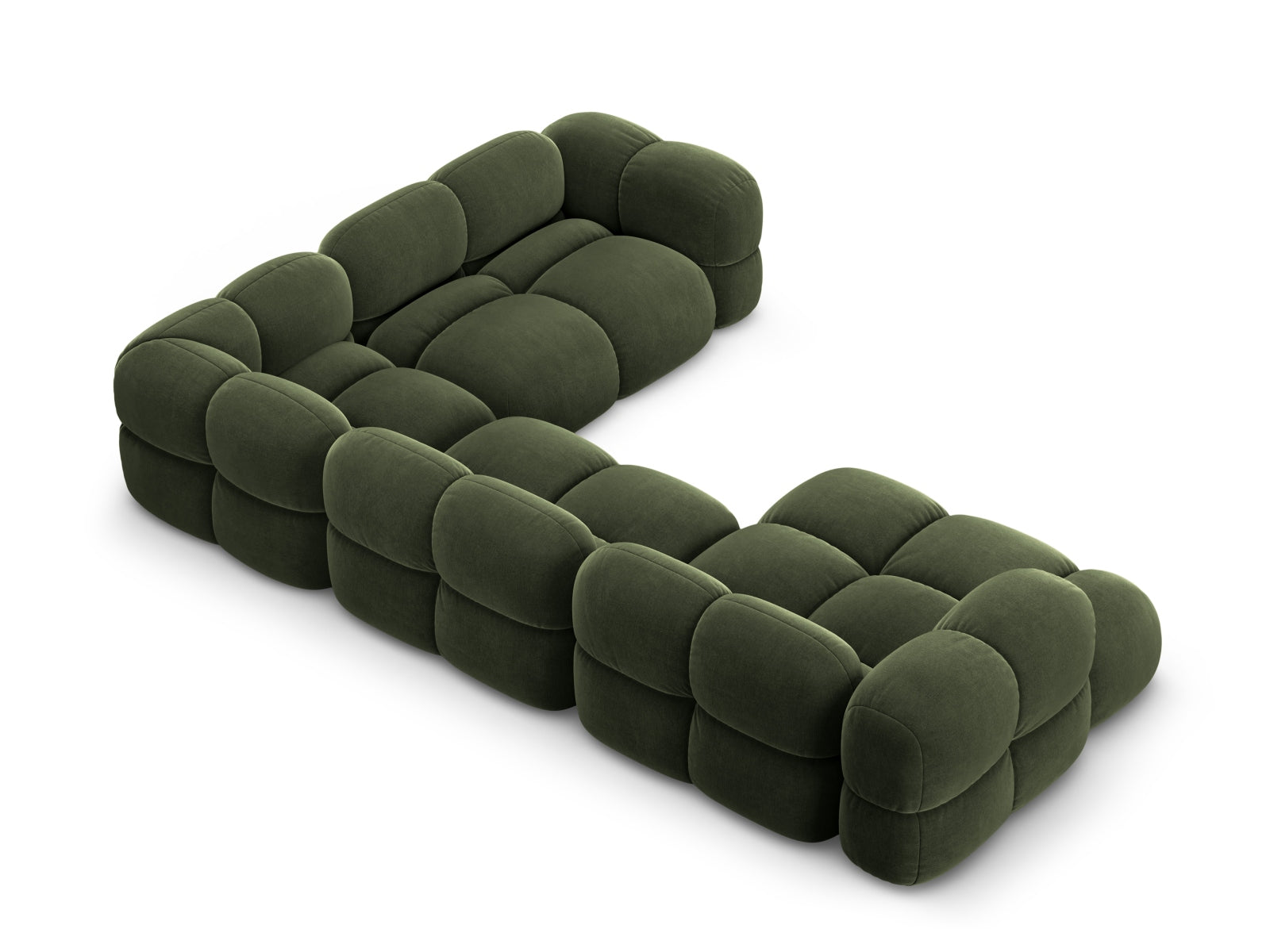 Elegantes Loretto Velour Panoramic Ecksofa in ansprechendem Grün, 5-Sitzer, 250 cm, ideal für stilvolle und komfortable Wohnbereiche.