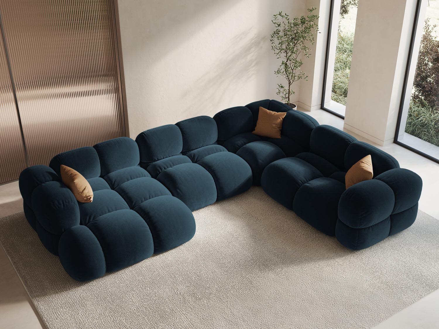 Entdecken Sie das stilvolle Loretto Velour Panoramic Ecksofa rechts, 5-Sitzer, 250 cm – der perfekte Mix aus Komfort und Eleganz für Ihr Zuhause.