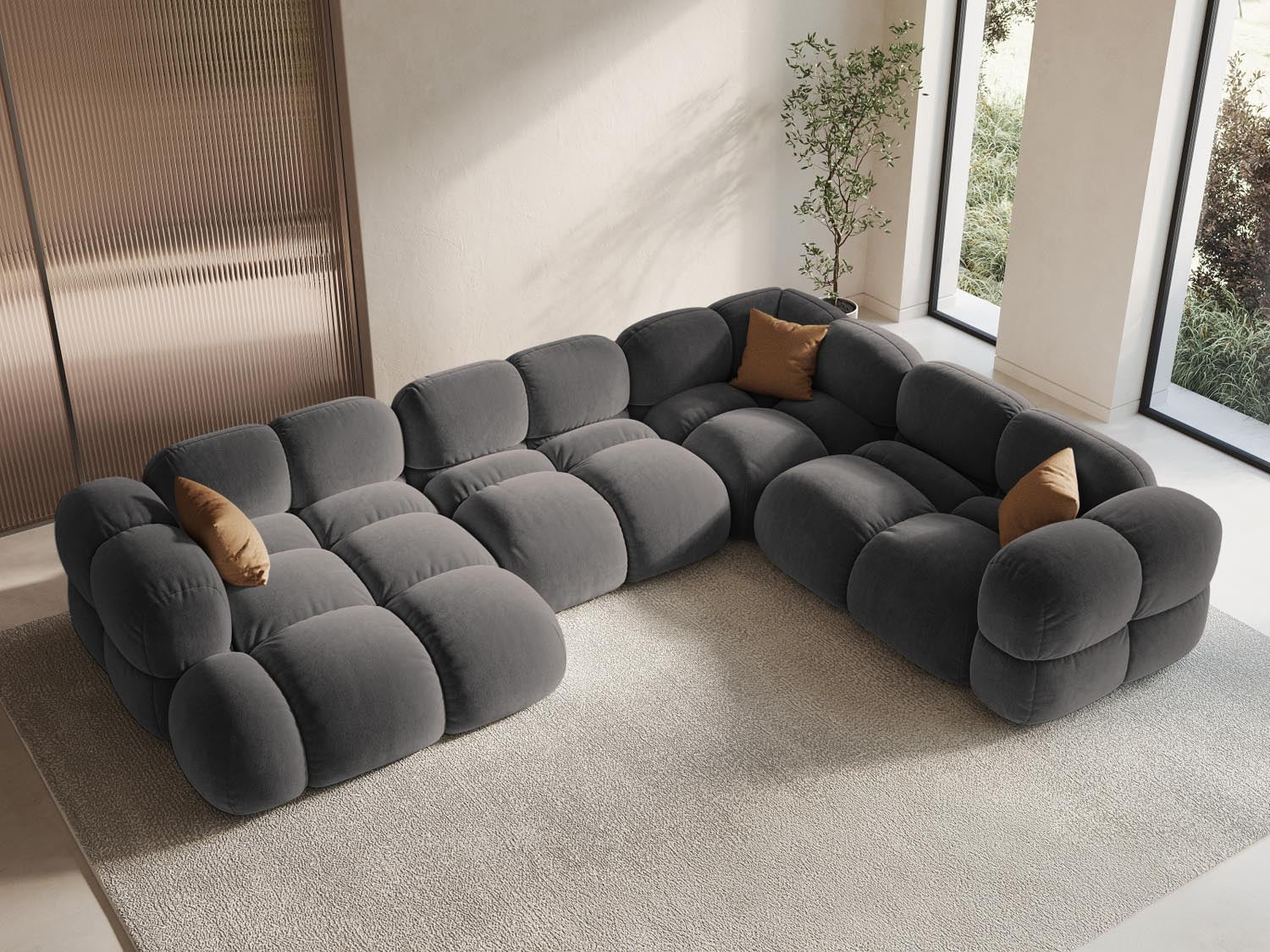 Elegantes Loretto Velour Panoramic Ecksofa in Grau, 5-Sitzer, ideal für stilvolle Wohnräume, präsentiert in modernem Ambiente.
