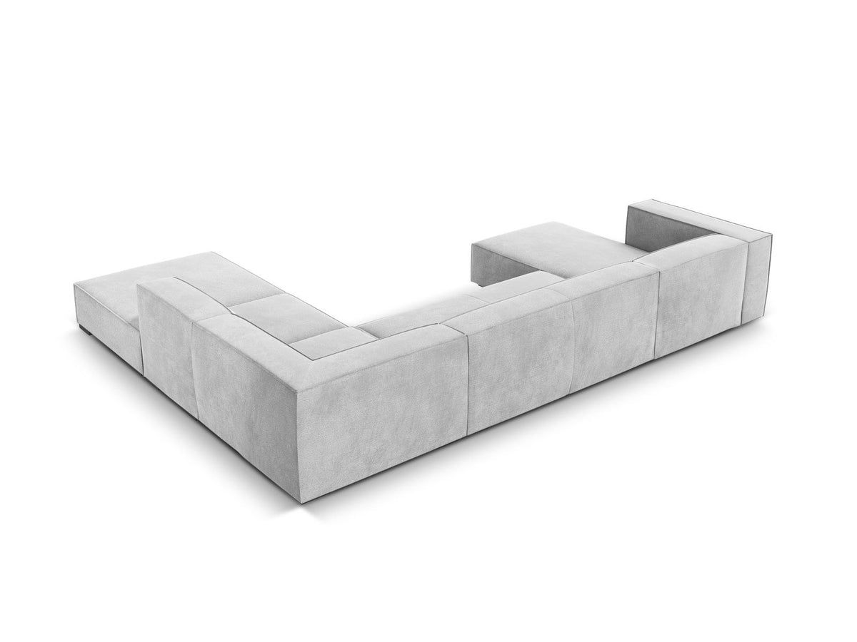Ecksofa rechts Turin von Cosmopolitan Design in Light Beige-Rosario Chenille-Stoff mit Beinen aus schwarzem Buchenholz und weicher Sitzpolsterung.