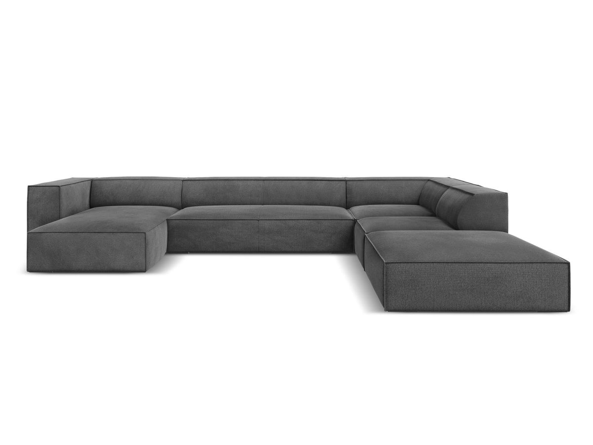 Ecksofa rechts Turin von Cosmopolitan Design in Light Beige-Rosario Chenille-Stoff mit Beinen aus schwarzem Buchenholz und weicher Sitzpolsterung.