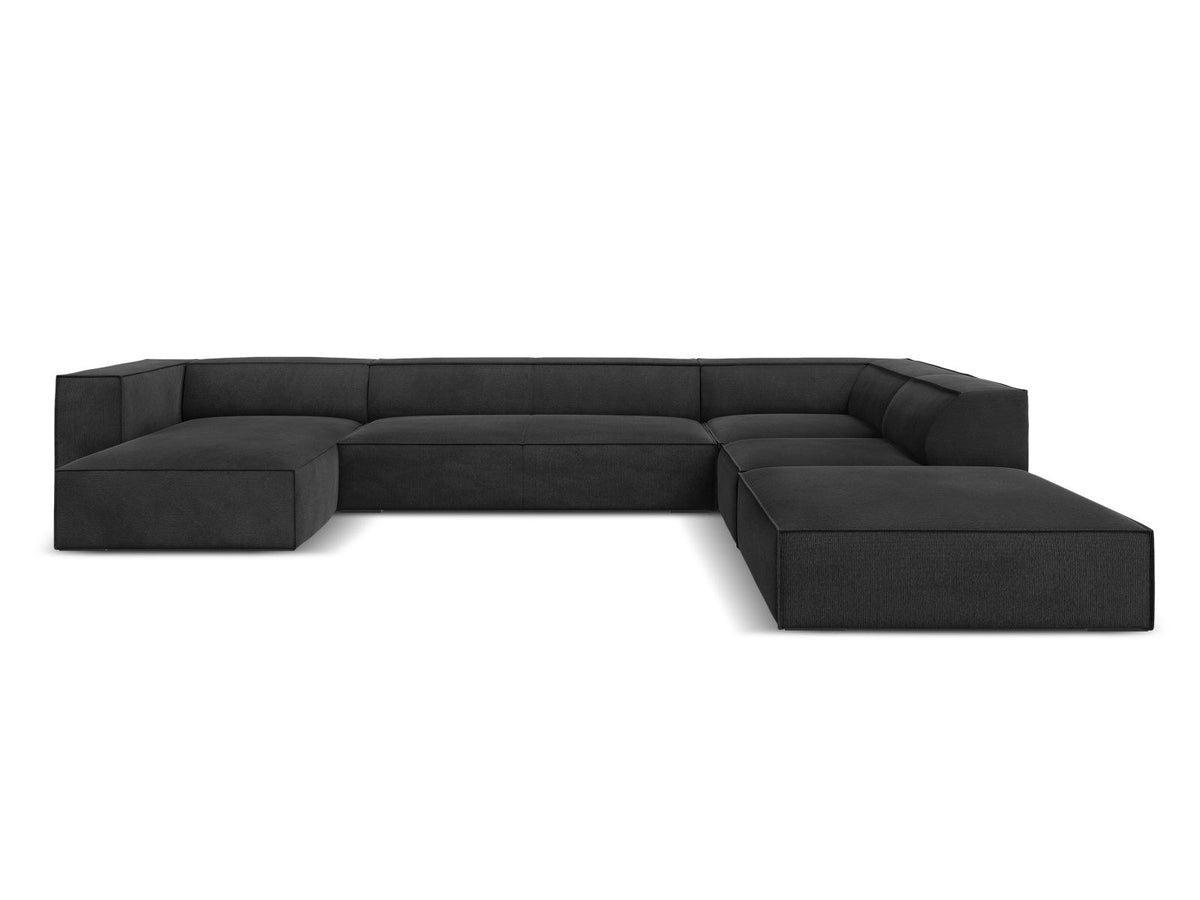 Ecksofa rechts Turin von Cosmopolitan Design in Light Beige-Rosario Chenille-Stoff mit Beinen aus schwarzem Buchenholz und weicher Sitzpolsterung.