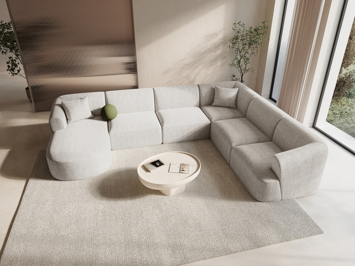 Modulares Ecksofa Campi mit Récamière rechts, Stoffbezug und schwarzen Beinen