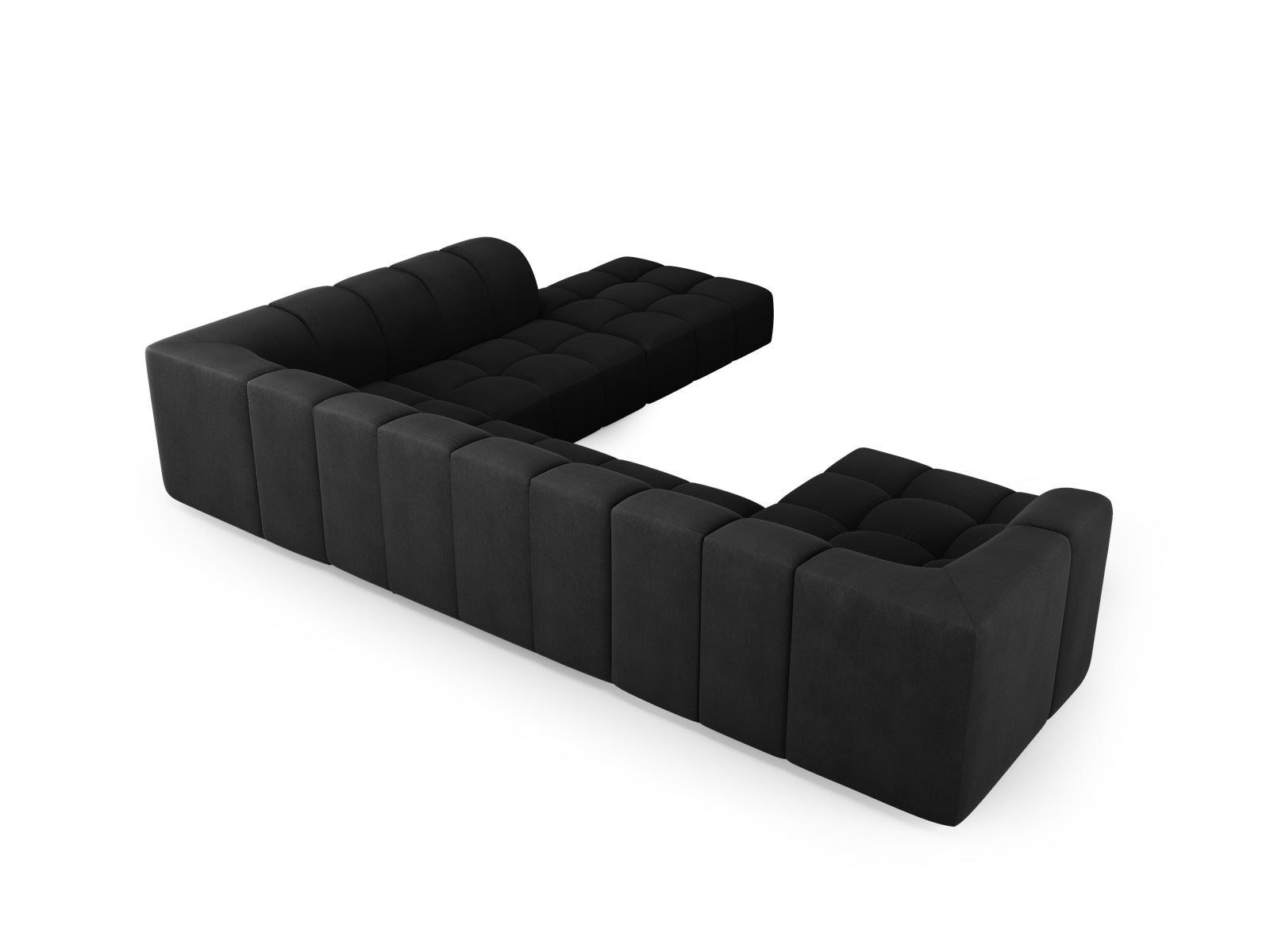 Geräumiges 7-Sitzer Moritz Modular Ecksofa Panoramic rechts in edlem Schwarz, perfekt für gemütliche Abende und stilvolle Einrichtung.
