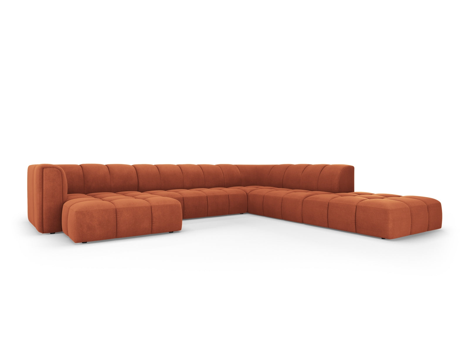 Elegantes 7-Sitzer Moritz Modular Ecksofa Panoramic rechts in stilvollem Orange, ideal für moderne Wohnräume, präsentiert von Cosmopolitan Design.