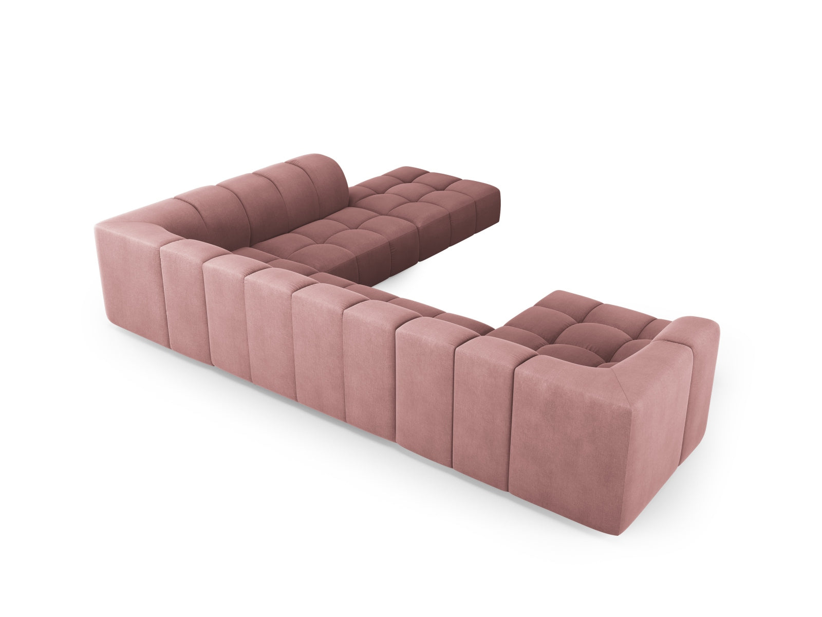 Geräumiges 7-Sitzer Moritz Modular Ecksofa Panoramic rechts in ansprechendem Pink, perfekt für stilvolle Wohnzimmer und entspannte Stunden.