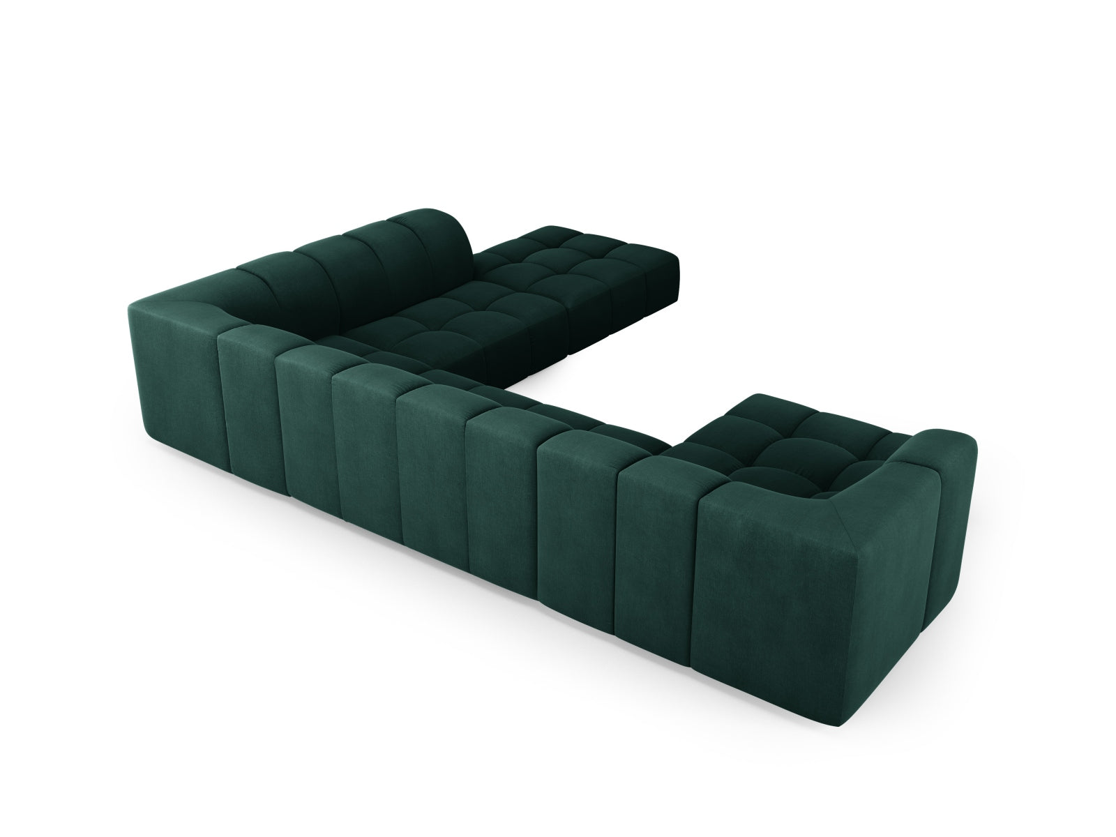 Geräumiges 7-Sitzer Moritz Modular Ecksofa Panoramic rechts in edlem Bottle Green-Rebel, perfekt für gemütliche und stilvolle Wohnzimmer.