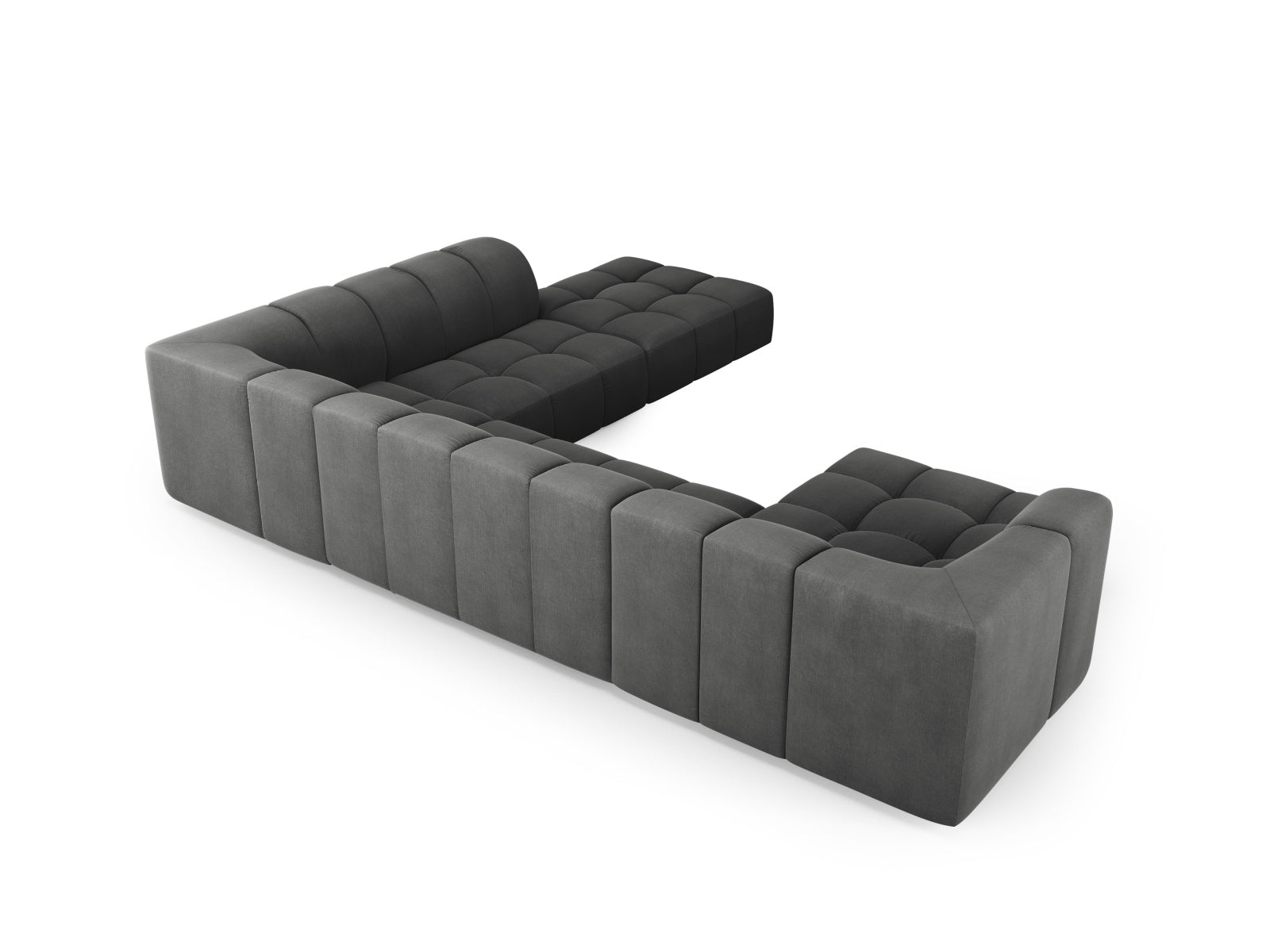 Modernes 7-Sitzer Moritz Modular Ecksofa Panoramic rechts in edlem Dunkelgrau, perfekt für entspannte Stunden und stilvolle Einrichtung.