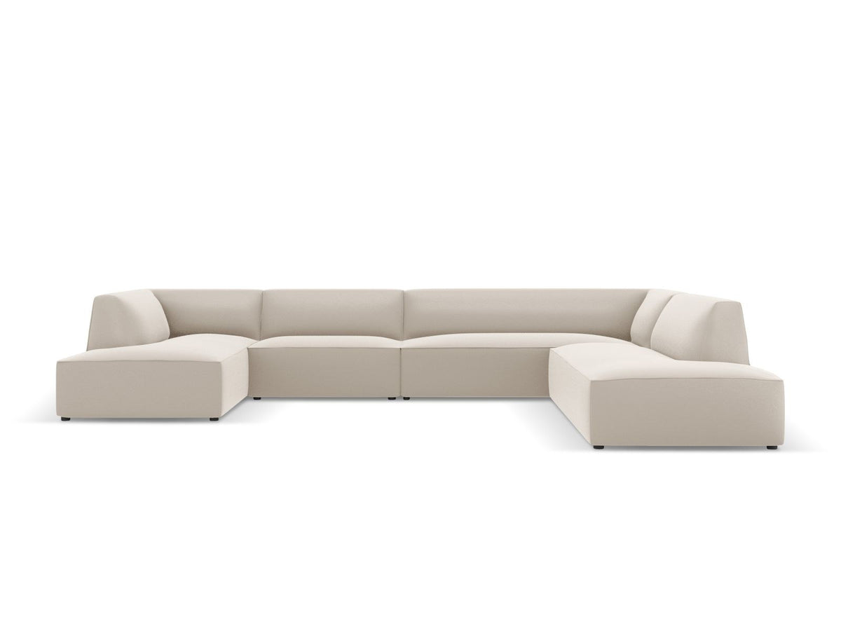 Modulares Panorama-Ecksofa rechts der Serie Siena von Cosmopolitan Design mit Kunstlederbezug Pacifico Cream, schwarzen Kunststoffbeinen und Récamiere.