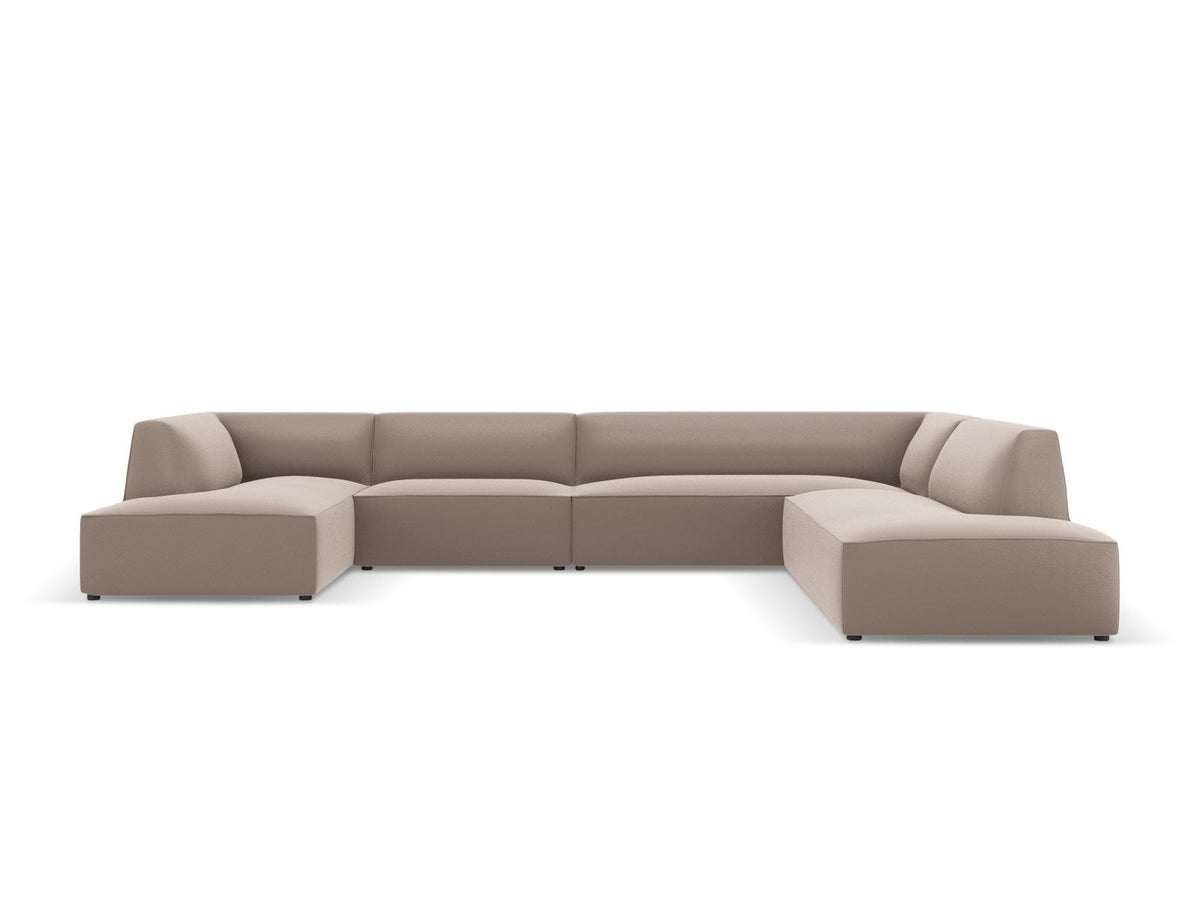 Modulares Panorama-Ecksofa rechts der Serie Siena von Cosmopolitan Design mit Kunstlederbezug Pacifico Cream, schwarzen Kunststoffbeinen und Récamiere.
