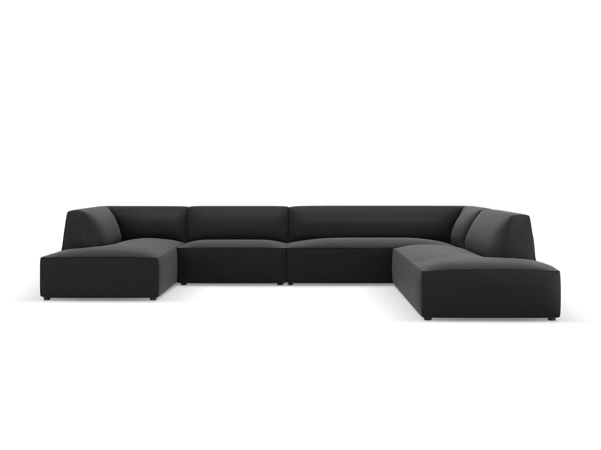 Modulares Panorama-Ecksofa rechts der Serie Siena von Cosmopolitan Design mit Kunstlederbezug Pacifico Cream, schwarzen Kunststoffbeinen und Récamiere.