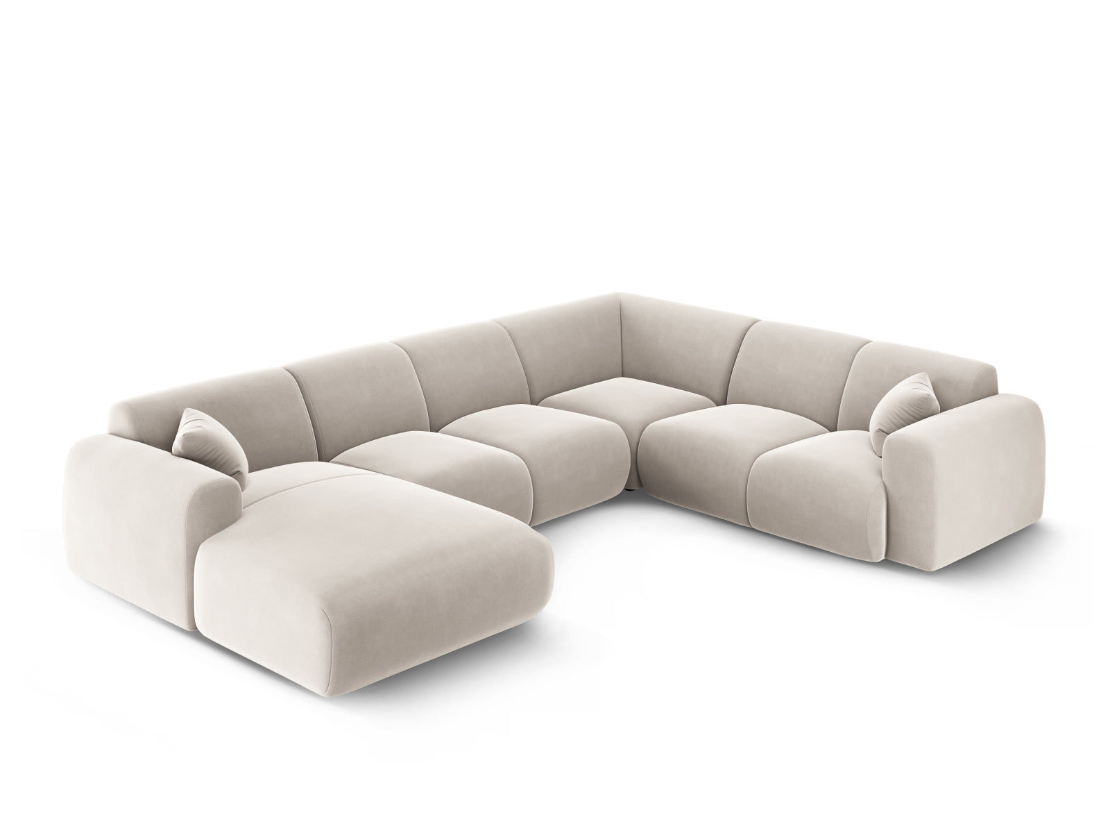 Modernes Nolio Velour Panoramic Ecksofa in hellem Beige, 6-Sitzer, perfekt für gemütliche und stilvolle Wohnlandschaften.