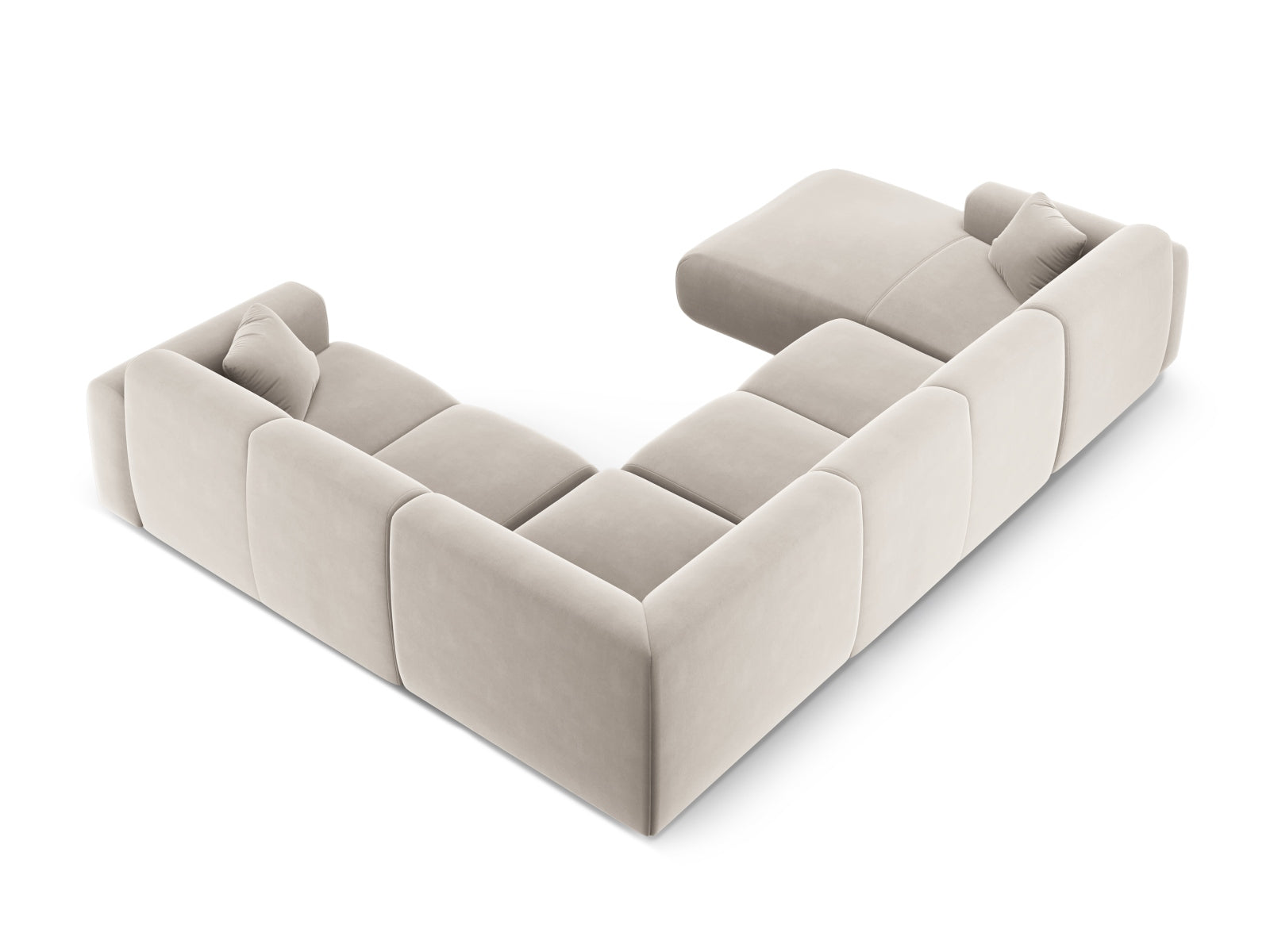 Elegantes Nolio Velour Panoramic Ecksofa in sanftem Beige, 6-Sitzer, ideal für stilvolle und einladende Wohnräume.