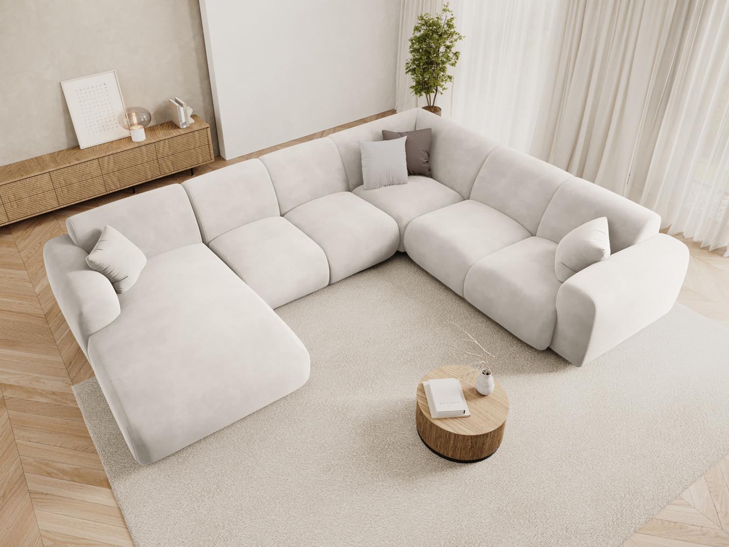 Elegantes Nolio Velour Panoramic Ecksofa in Light Beige, 6-Sitzer, ideal für stilvolle Wohnräume, präsentiert in einem modernen Ambiente.