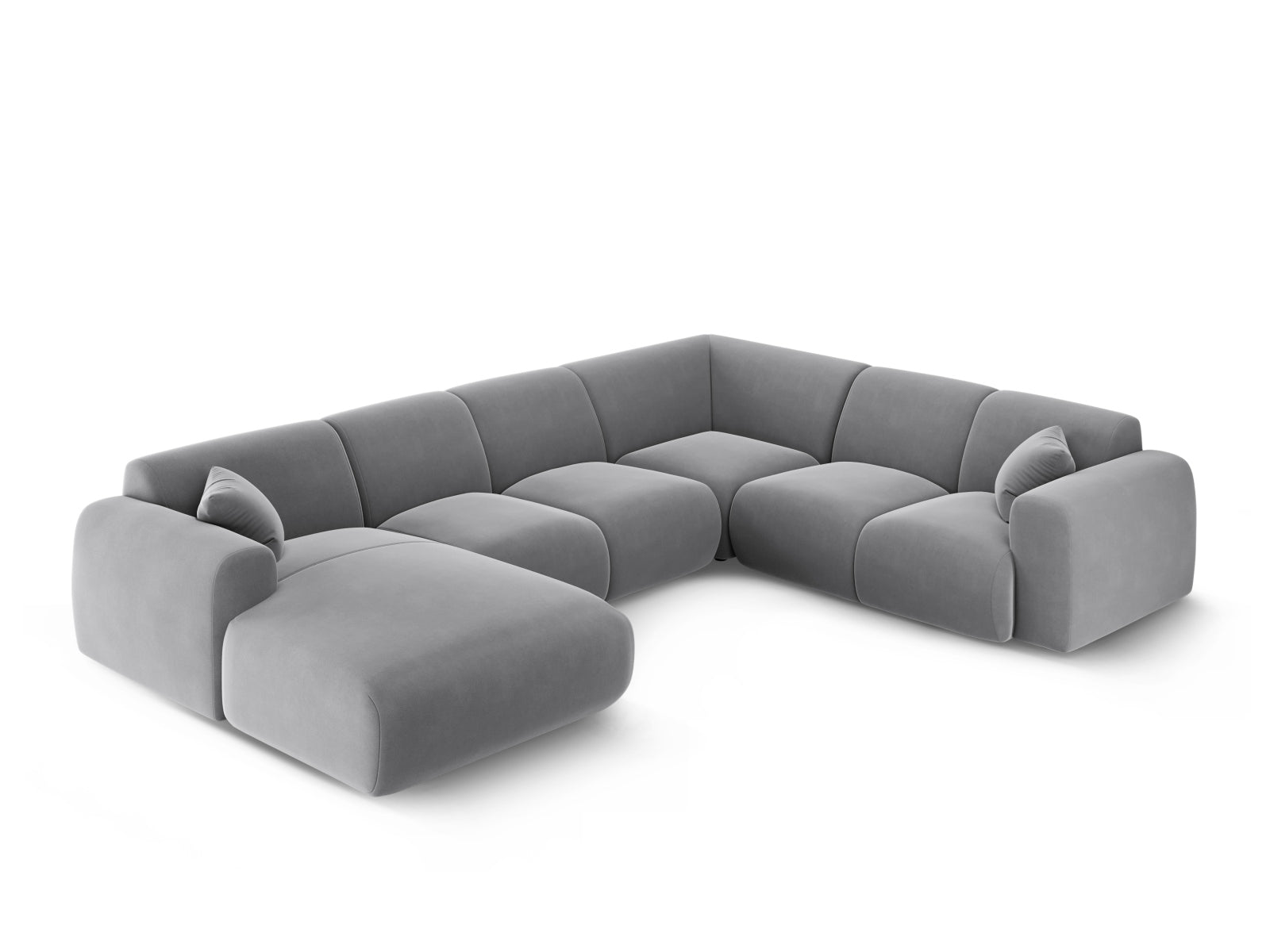 Modernes Nolio Velour Panoramic Ecksofa in sanftem Hellgrau, 6-Sitzer, 252 cm, perfekt für gemütliche und stilvolle Wohnambiente.