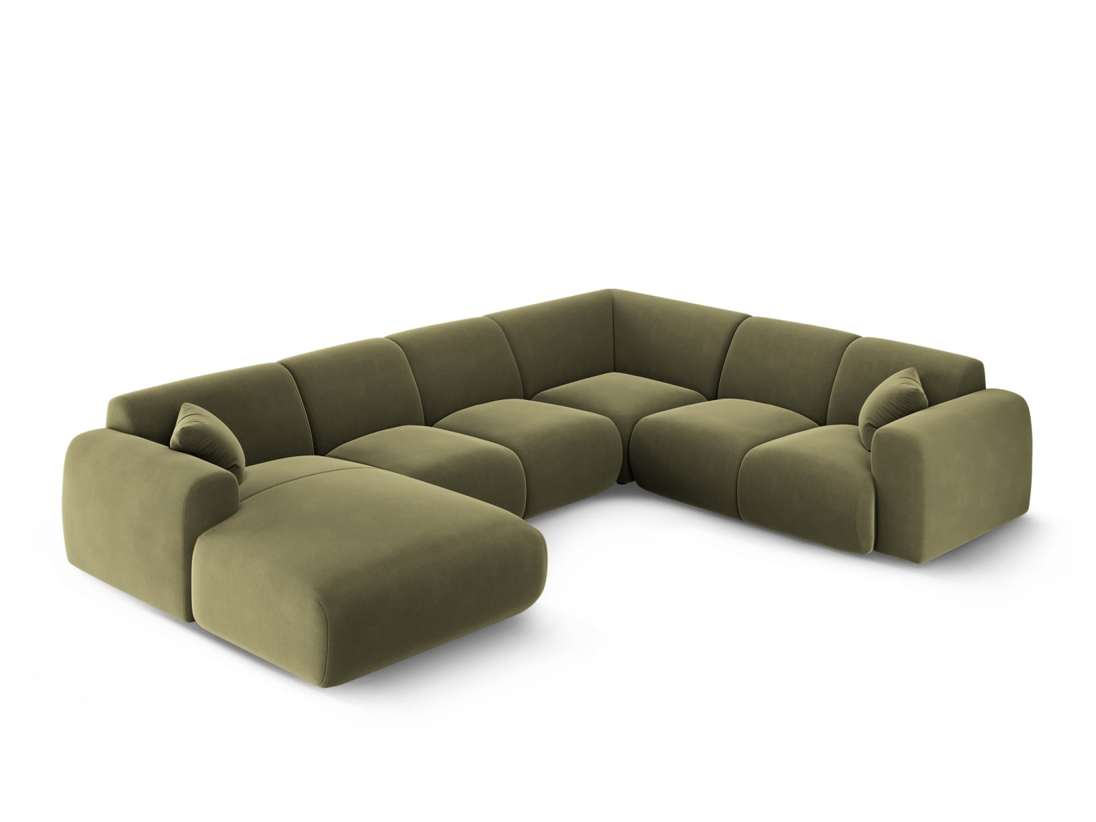 Modernes Nolio Velour Panoramic Ecksofa in zartem Lichtgrün, 6-Sitzer, 252 cm, perfekt für gemütliche und stilvolle Wohnbereiche.