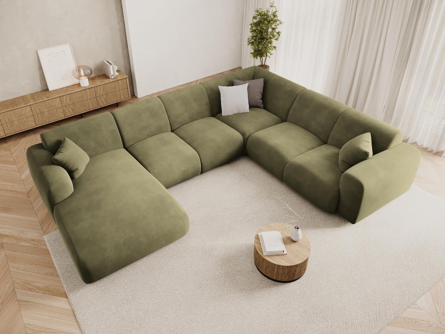 Elegantes Nolio Velour Panoramic Ecksofa in sanftem Lichtgrün, ideal für stilvolle Wohnräume, 6-Sitzer, 252 cm, von Cosmopolitan Design.