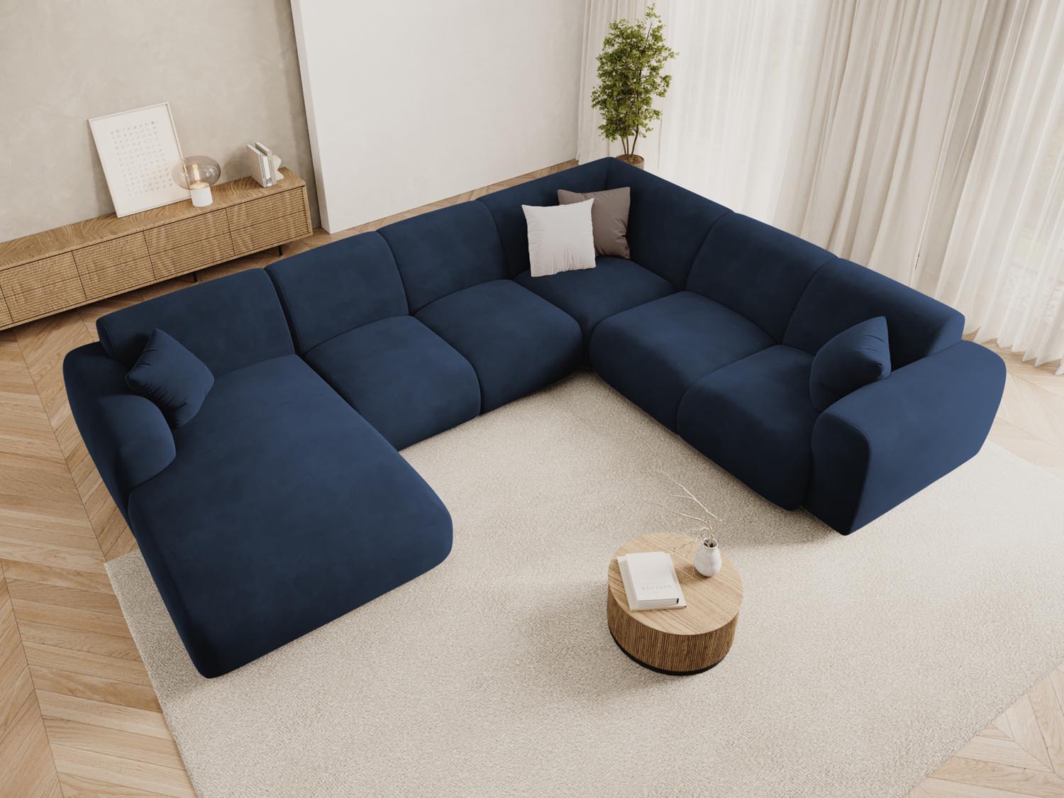 Elegantes Nolio Velour Panoramic Ecksofa in Royal Blue, 6-Sitzer, 252 cm, ideal für stilvolle Wohnräume, präsentiert von Cosmopolitan Design.