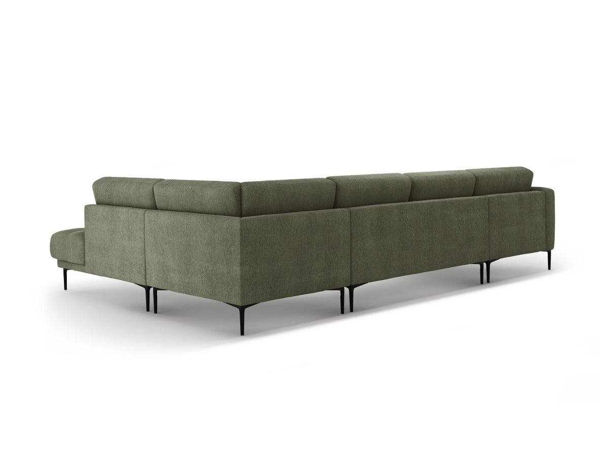 Beige-Sorella Ecksofa Lazio rechts mit Récamiere, Tweed-Stoffbezug, schwarzen Metallbeinen und breiter Sitzfläche für sieben Personen