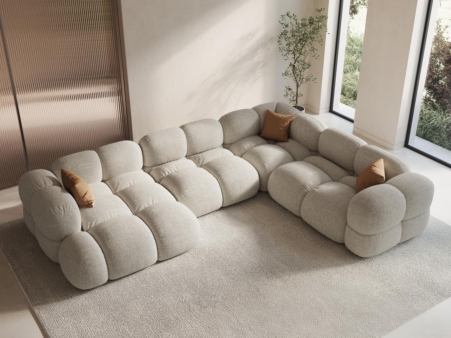 Beige Loretto Panoramic Ecksofa rechts, 5 Sitzer, 250cm, stilvolles Design für modernen Wohnraum, ideal für gemütliche Abende.