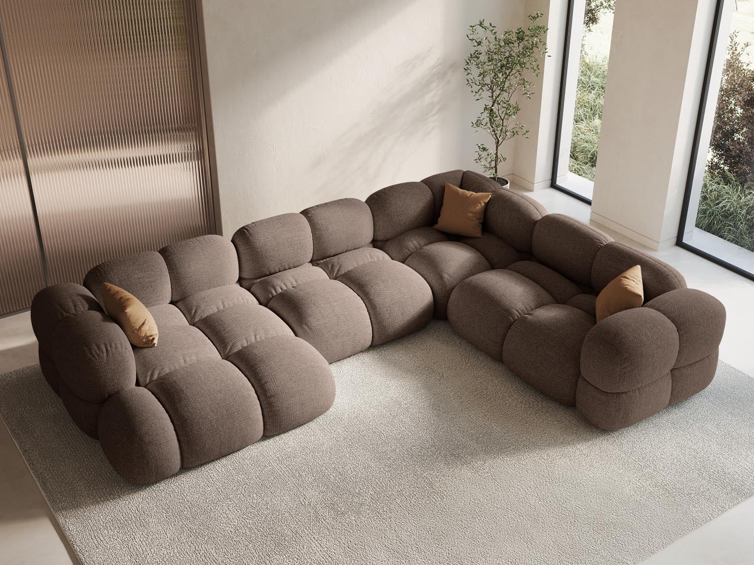 Elegantes Loretto Panoramic Ecksofa in Cappuccino-Sorella, ideal für stilvolle Wohnräume, 5-Sitzer mit großzügigem Platzangebot.