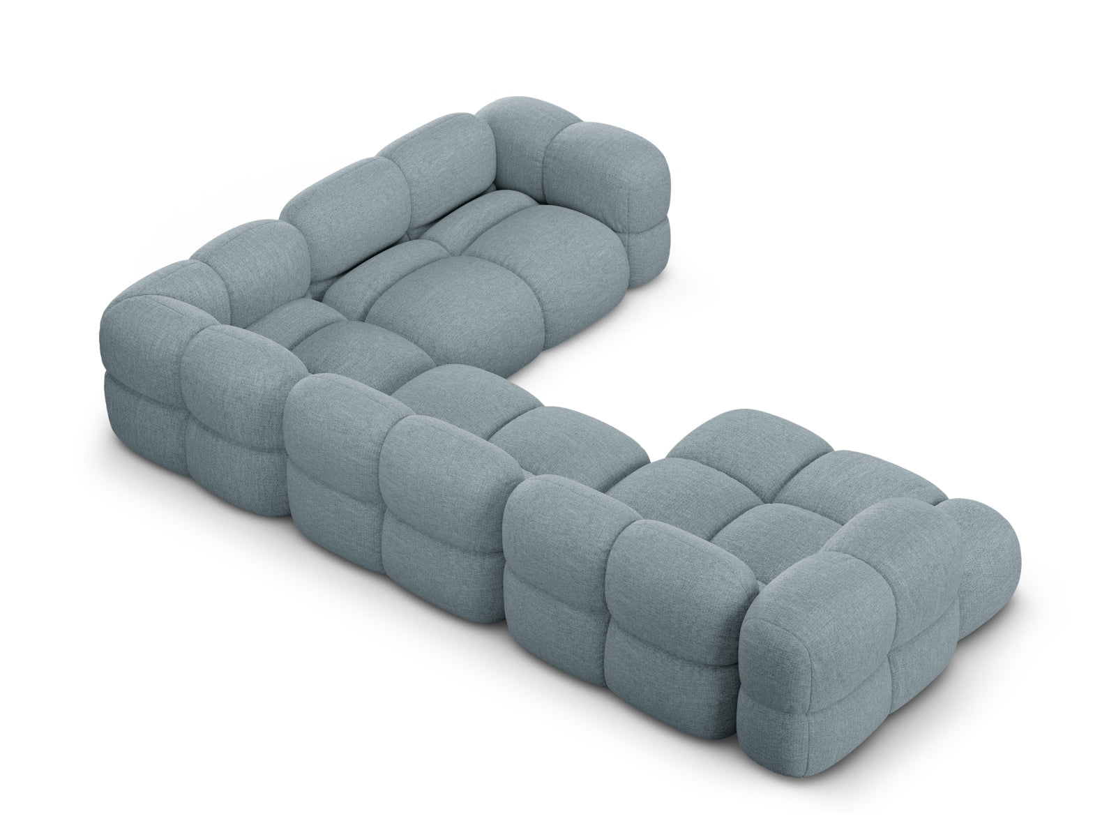 Elegantes Loretto Panoramic Ecksofa in zartem Pastellblau, 5-Sitzer, 250 cm, ideal für stilvolle und einladende Wohnräume.