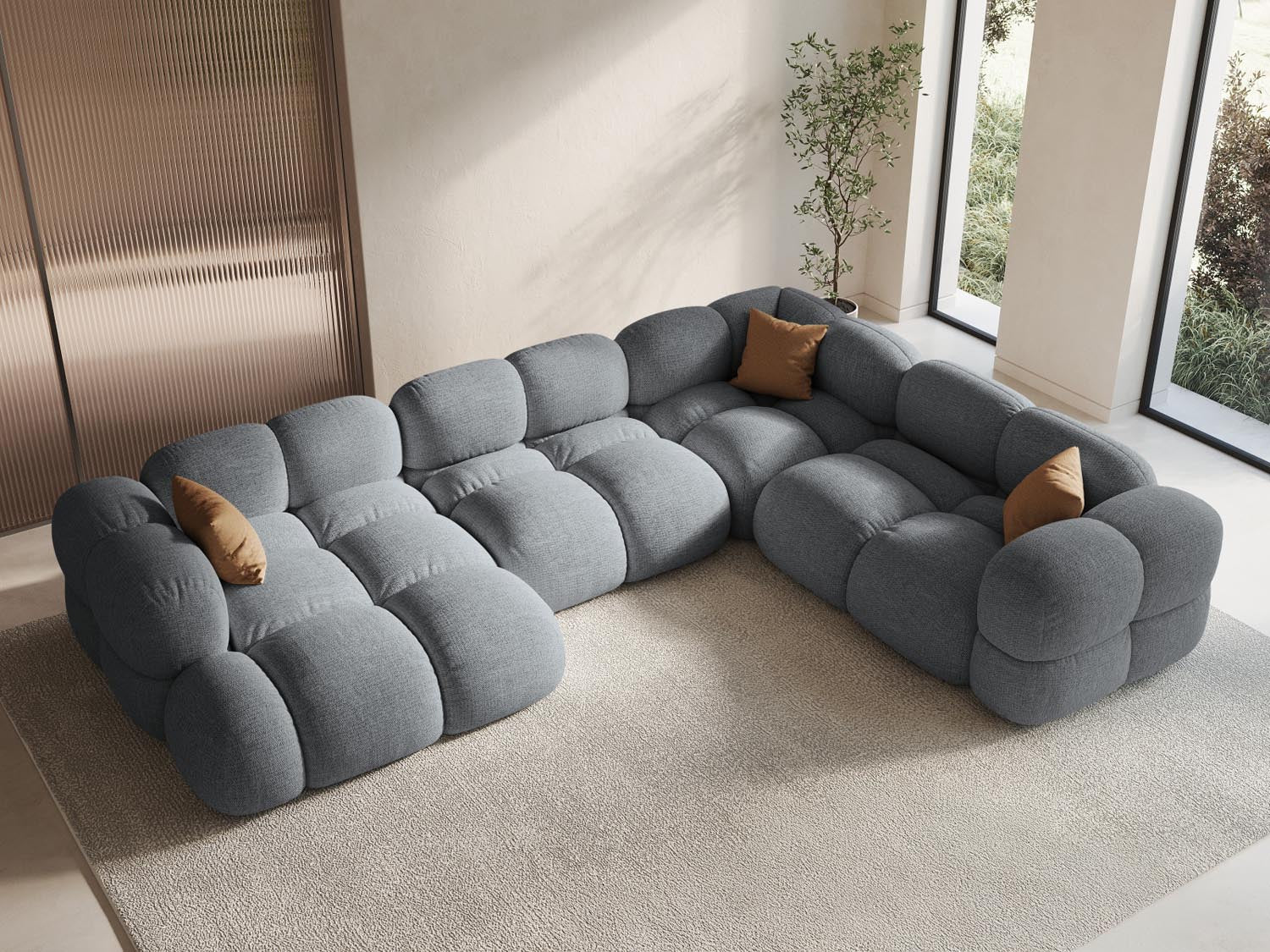 Elegantes Loretto Panoramic Ecksofa in Grau, 5-Sitzer, 250 cm, ideal für stilvolle Wohnräume, präsentiert in modernem Ambiente.