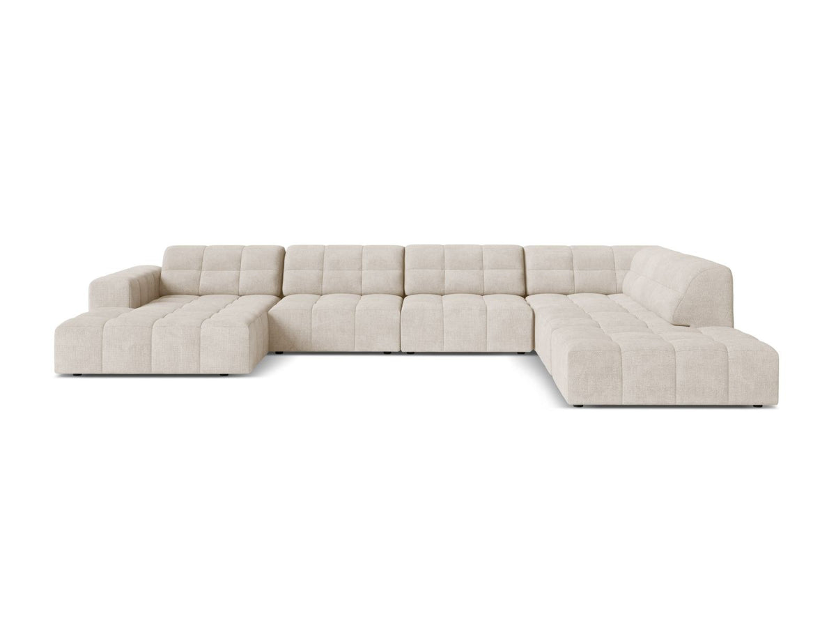 Ecksofa rechts von Cosmopolitan Design in Light Beige-Eden mit Chenille-Stoffbezug, Massivholzrahmen und schwarzen Kunststoffbeinen, Chicago-Serie.