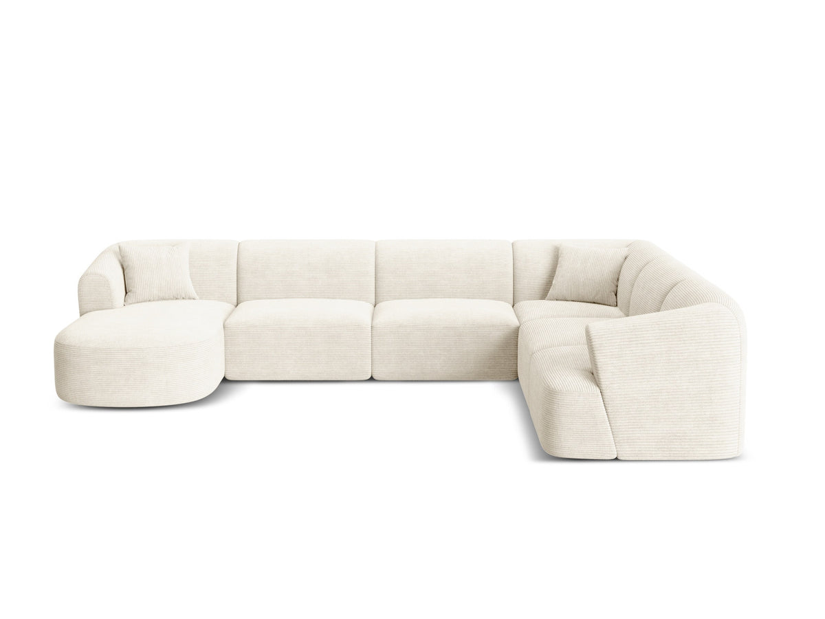 Modulares Ecksofa Campi mit Récamière rechts, Stoffbezug und schwarzen Beinen
