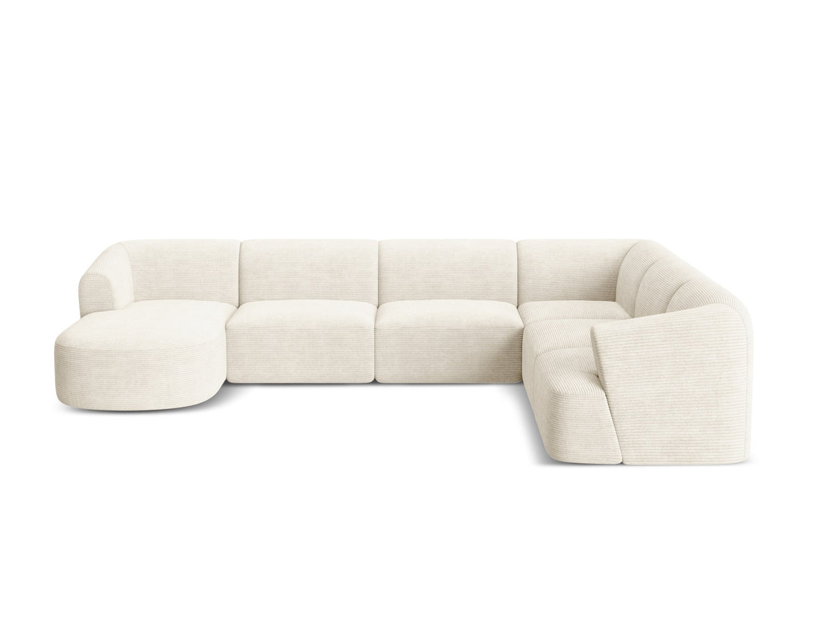 Modulares Ecksofa Campi mit Récamière rechts, Stoffbezug und schwarzen Beinen