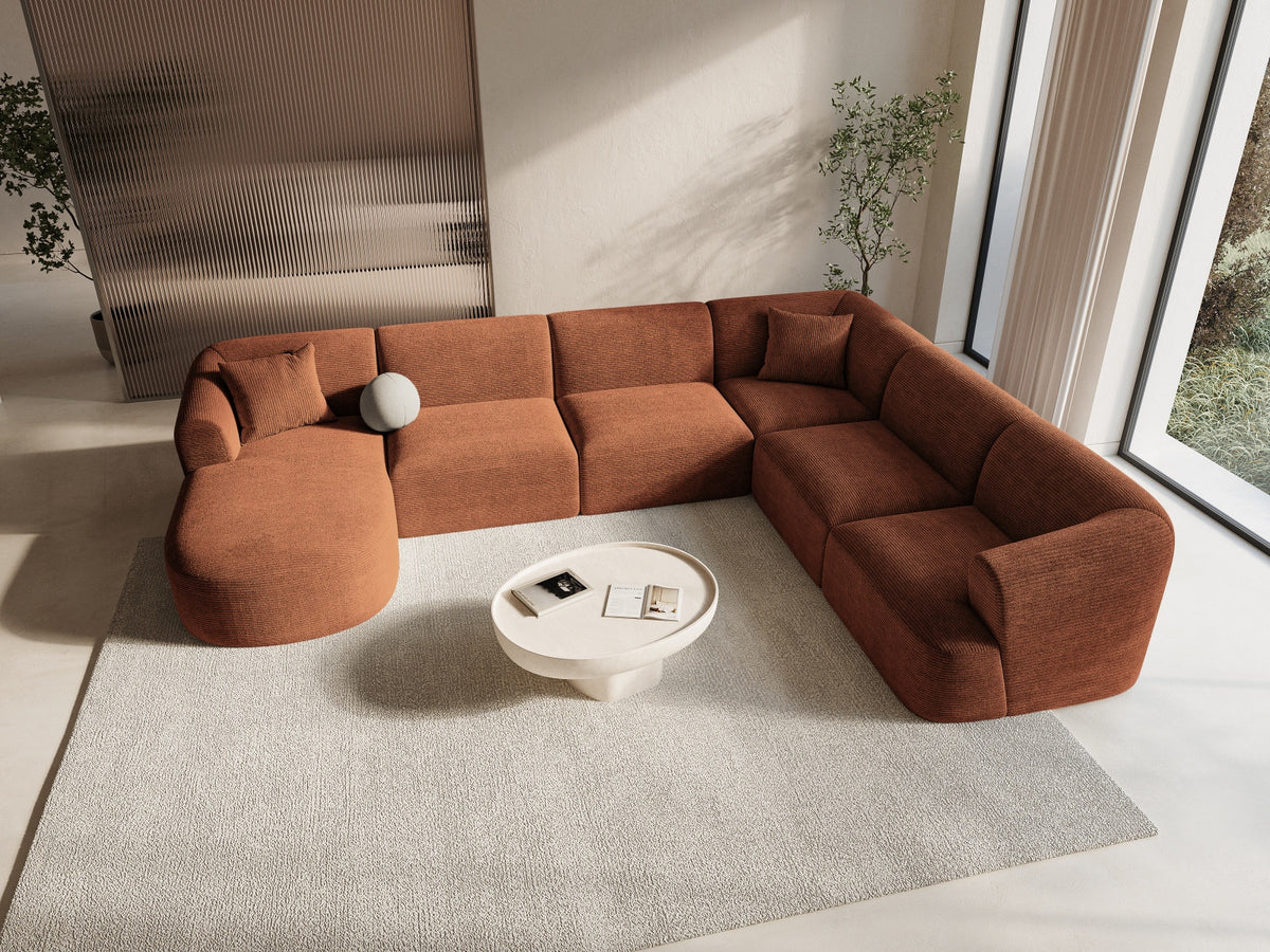 Modulares Ecksofa Campi mit Récamière rechts, Stoffbezug und schwarzen Beinen