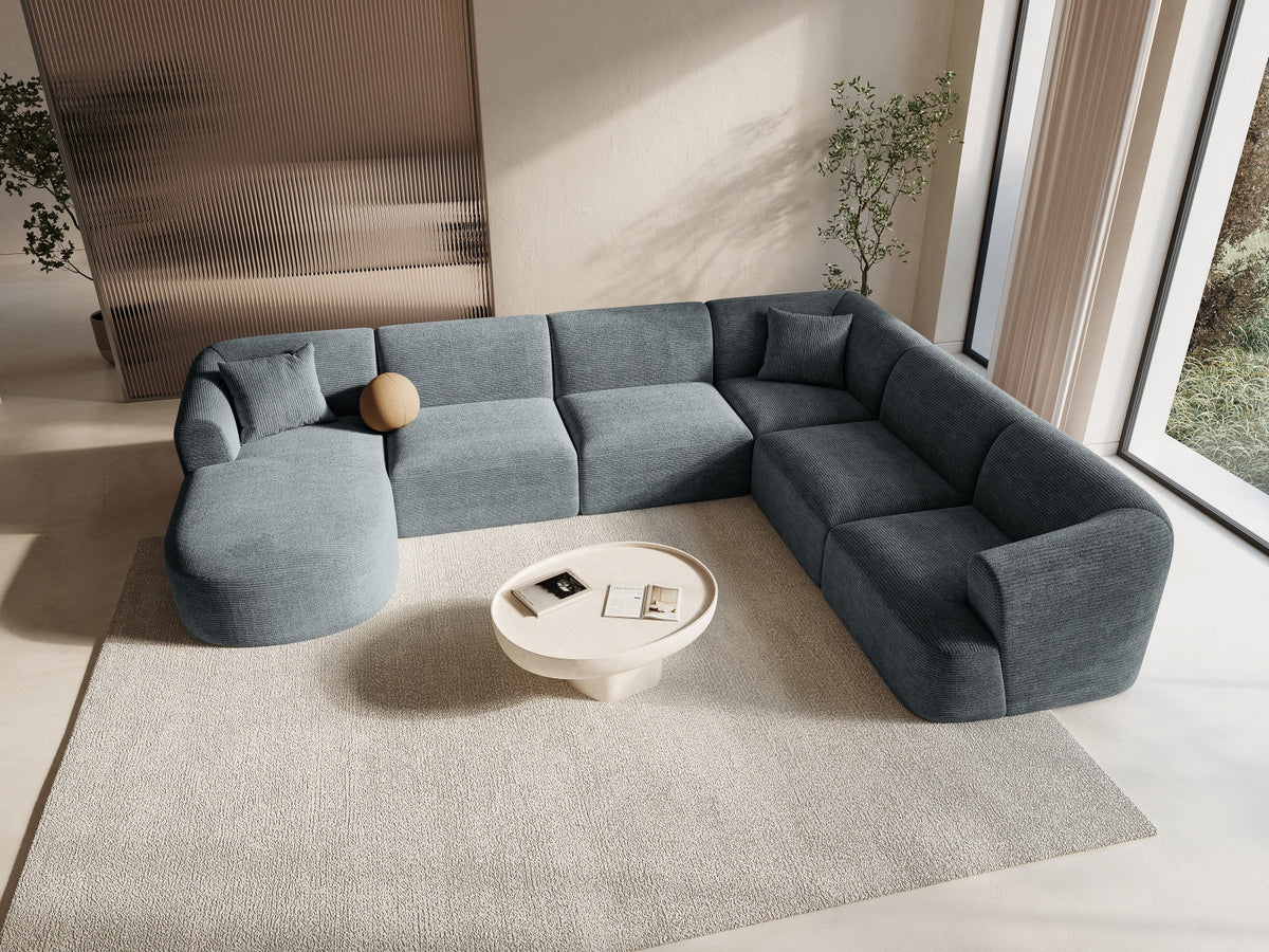 Modulares Ecksofa Campi mit Récamière rechts, Stoffbezug und schwarzen Beinen