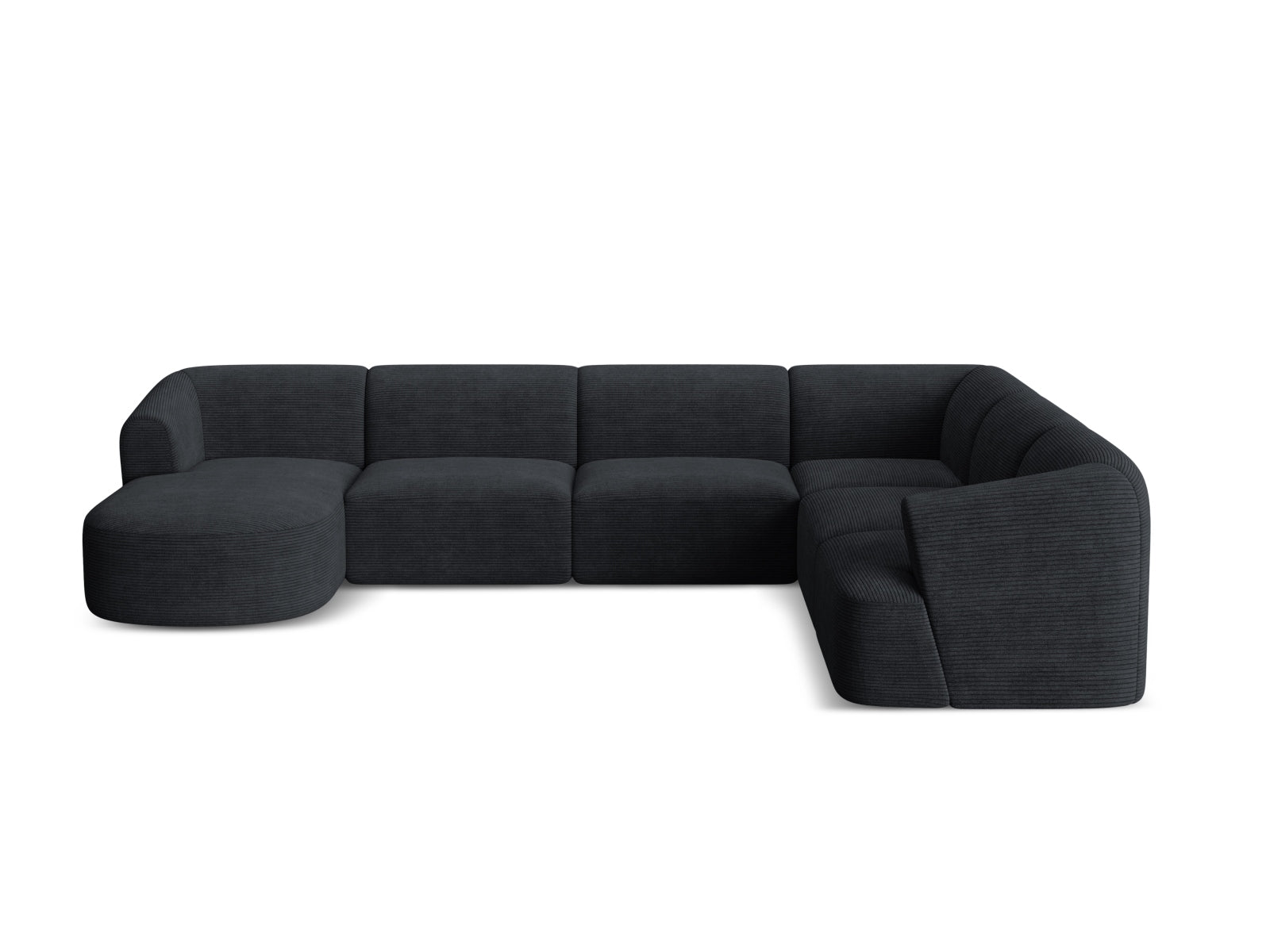 Elegantes 7-Sitzer Ecksofa Panoramic rechts Campi in modernem Schwarz, ideal für gemütliche Zusammenkünfte und stilvolle Einrichtung.