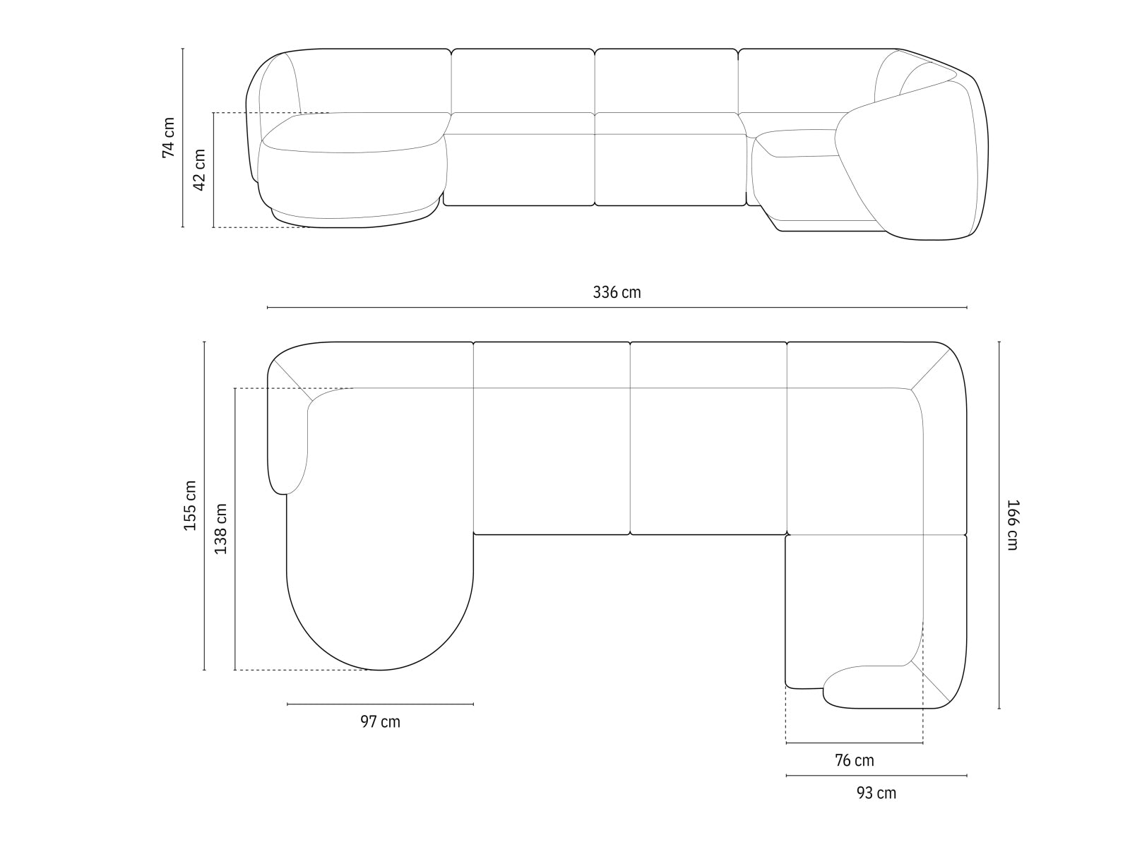 Modernes 6-Sitzer Panoramic Ecksofa rechts Gomera in edlem Dunkelgrau, perfekt für gemütliche und stilvolle Wohnambiente von Cosmopolitan Design.