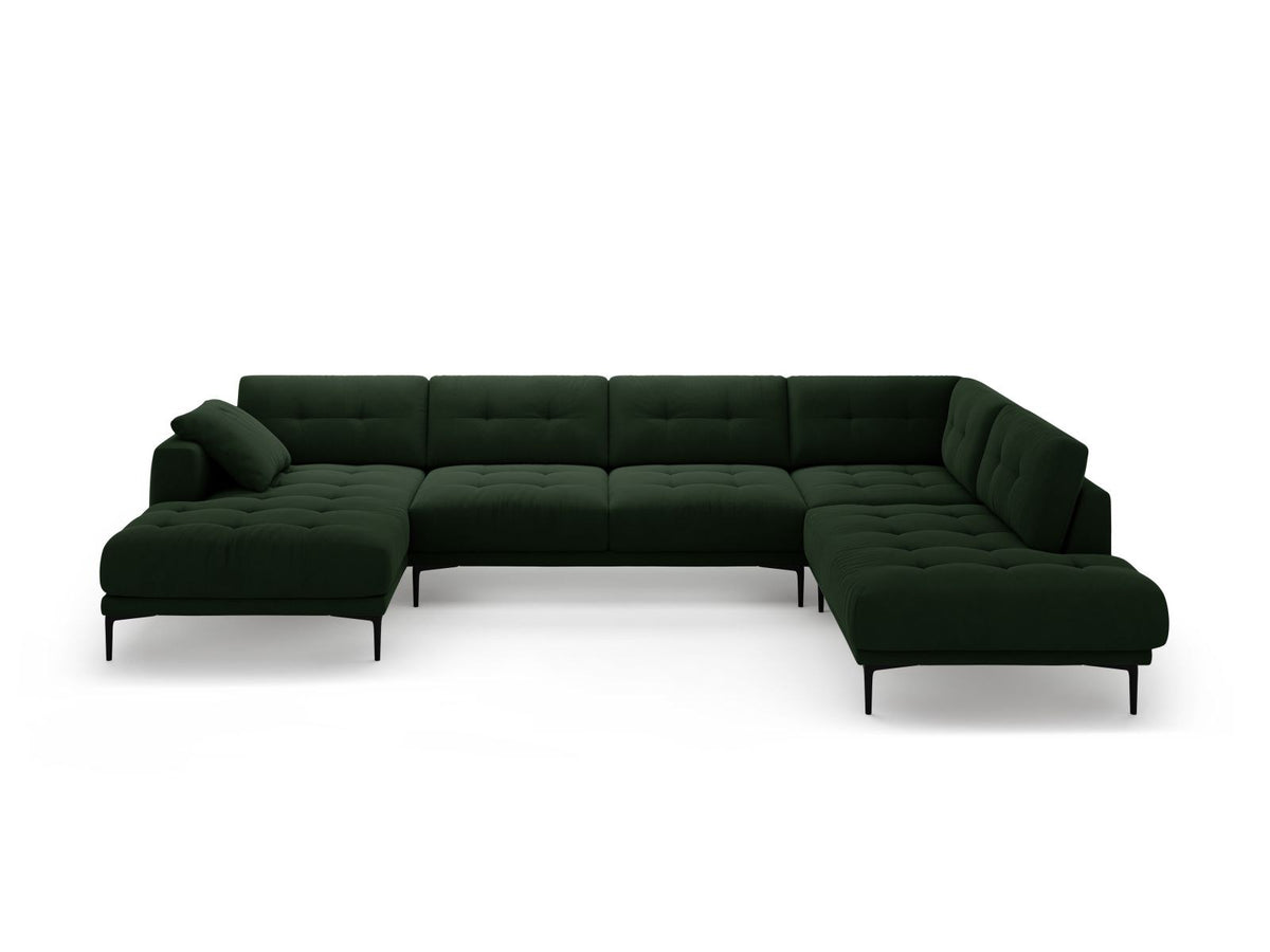 Cosmopolitan Design Lazio Panorama-Ecksofa rechts in Beige-Salvador Samt mit schwarzen Metallbeinen und Récamiere, 7-Sitzer Ausführung.
