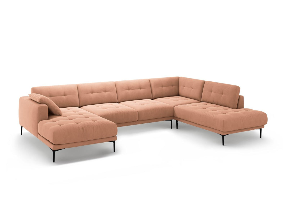 Cosmopolitan Design Lazio Panorama-Ecksofa rechts in Beige-Salvador Samt mit schwarzen Metallbeinen und Récamiere, 7-Sitzer Ausführung.