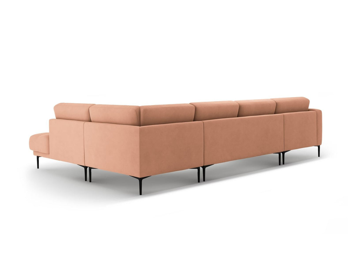Cosmopolitan Design Lazio Panorama-Ecksofa rechts in Beige-Salvador Samt mit schwarzen Metallbeinen und Récamiere, 7-Sitzer Ausführung.