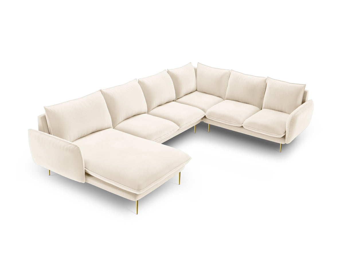 Vienna Velour Panoramic Ecksofa rechts 7 Sitzer 235cm in Light Beige/Gold-Bluvel präsentiert im Onlineshop von KAQTU Design AG. Ecksofa rechts ist von Cosmopolitan Design