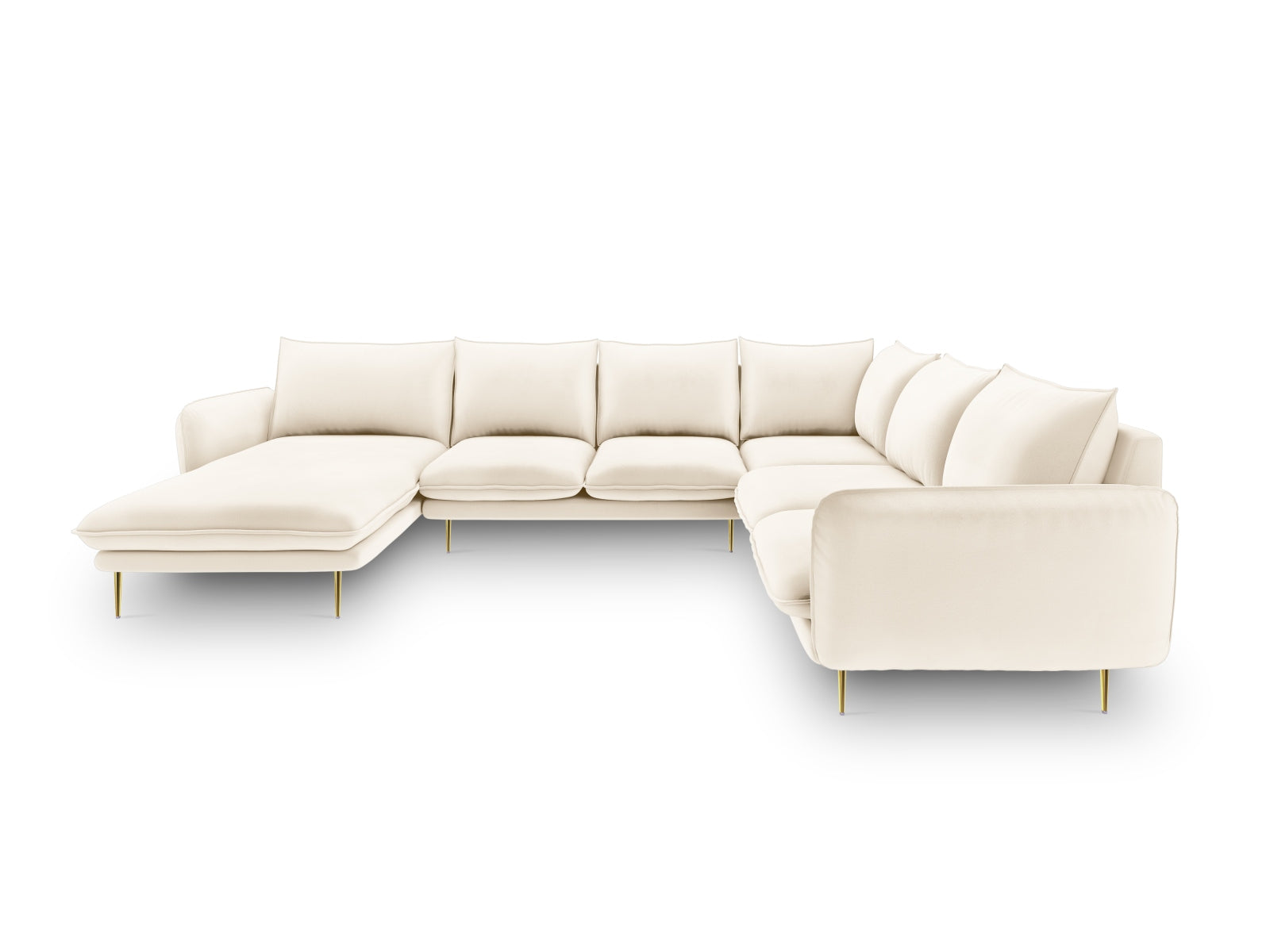 Elegantes 7-Sitzer Ecksofa in Light Beige/Gold-Bluvel, ideal für stilvolle Wohnräume, präsentiert von Cosmopolitan Design.