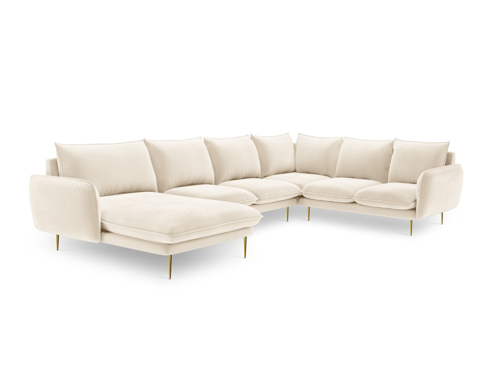 Luxuriöses 7-Sitzer Ecksofa in sanften Beige- und Goldtönen, perfekt für moderne Wohnzimmer, von Cosmopolitan Design.