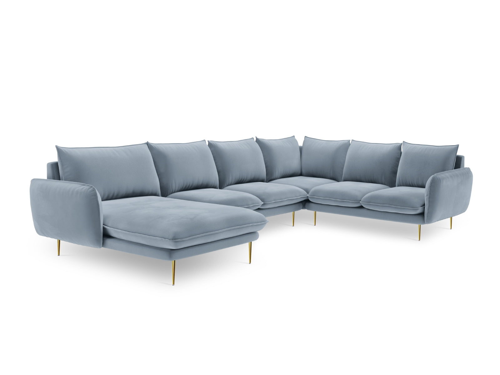 Vienna Velour Panoramic Ecksofa rechts 7 Sitzer 235cm in Light Blue/Gold-Bluvel präsentiert im Onlineshop von KAQTU Design AG. Ecksofa rechts ist von Cosmopolitan Design